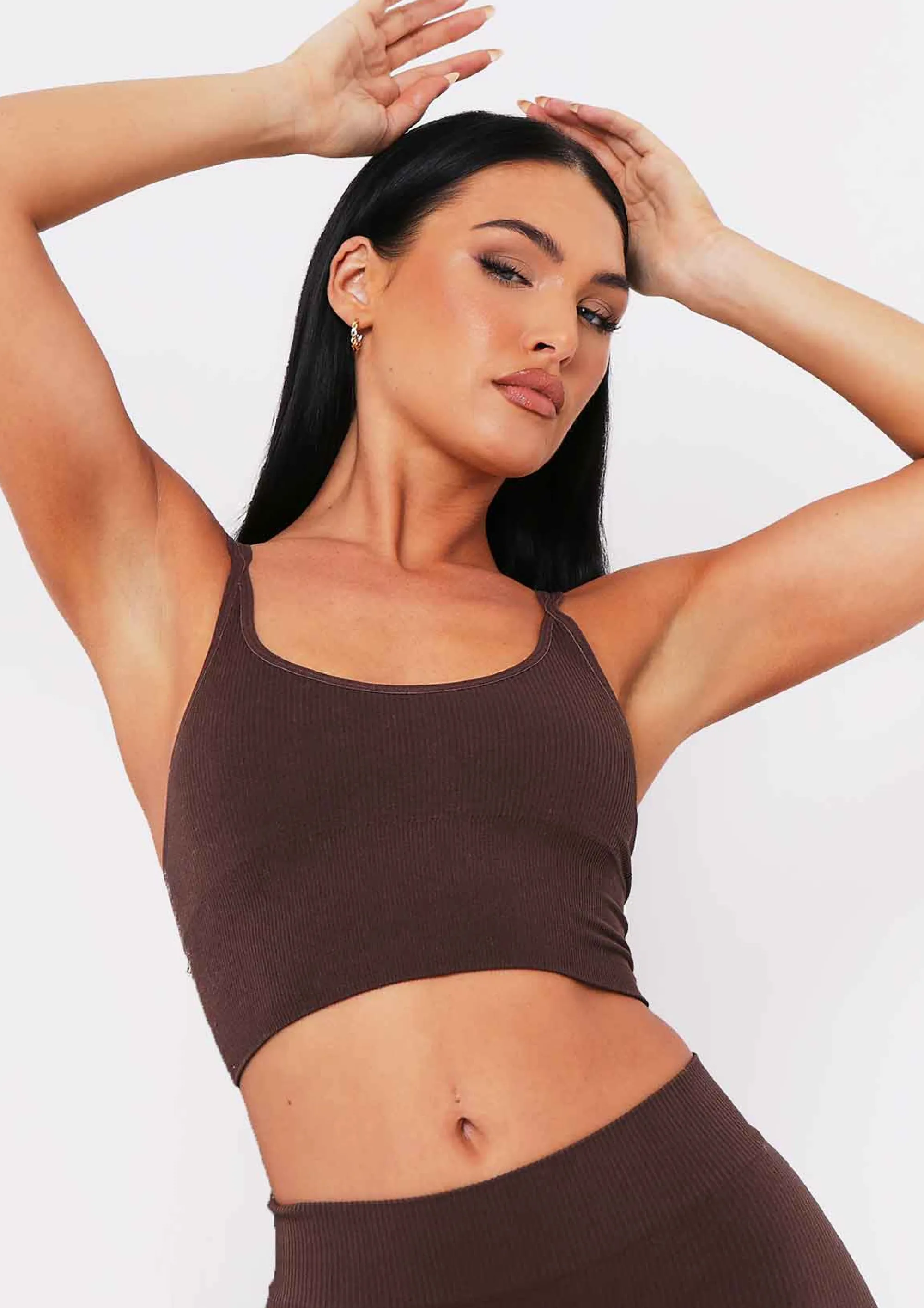Missy Empire Kara Chocolate Seamless Ribbed Scoop Neck Double Strap Crop Top Online
