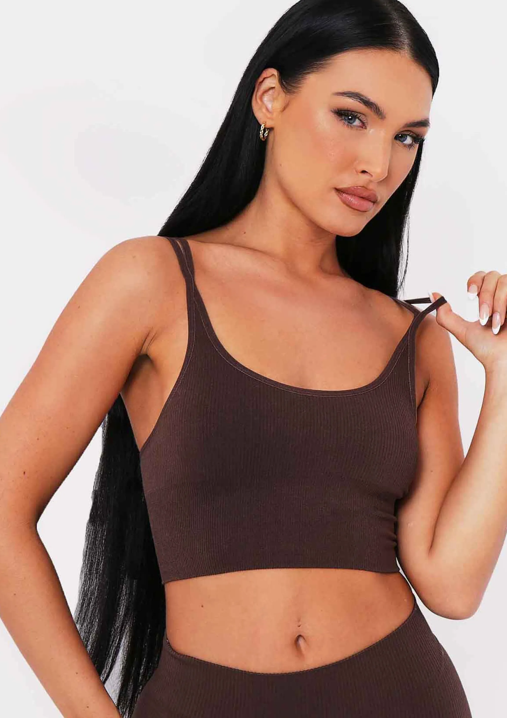 Missy Empire Kara Chocolate Seamless Ribbed Scoop Neck Double Strap Crop Top Online