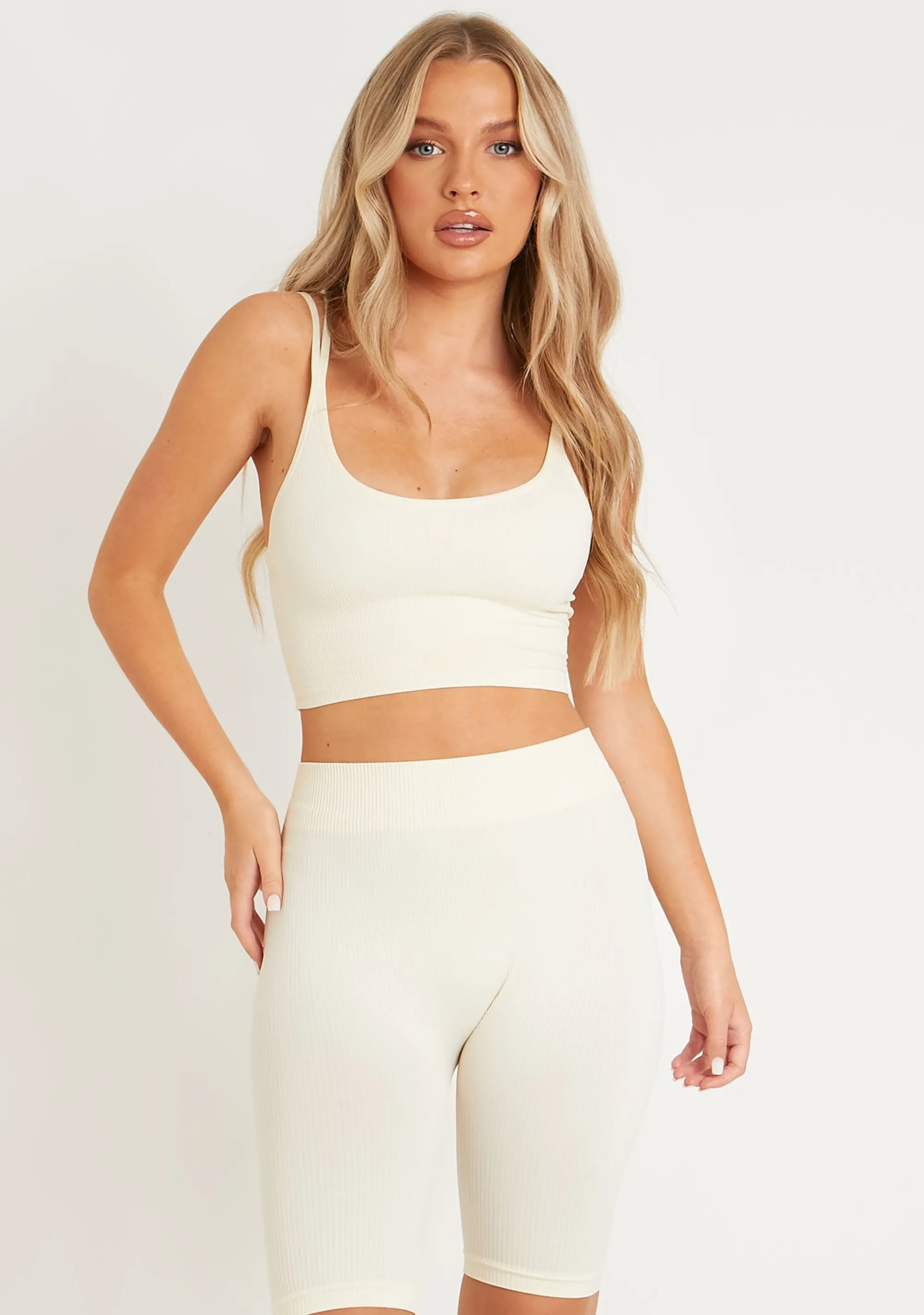 Missy Empire Kara Cream Seamless Ribbed Scoop Neck Double Strap Crop Top Clearance
