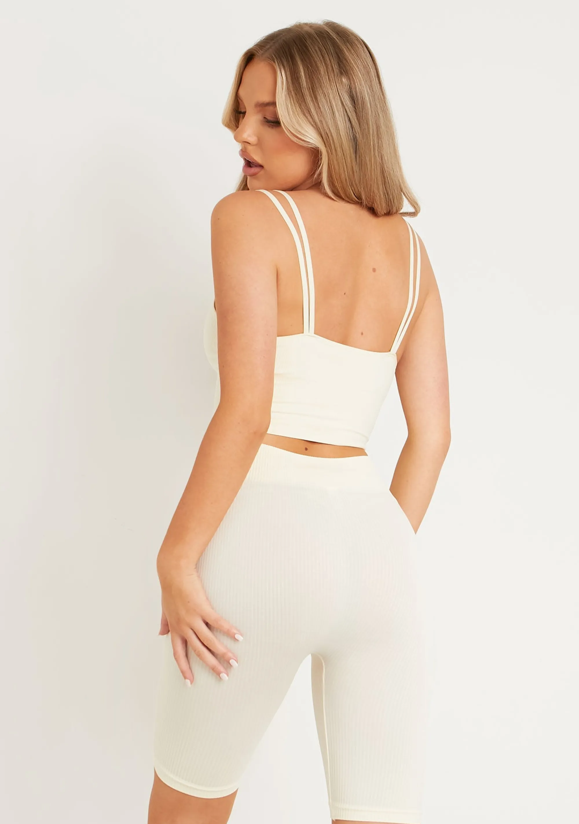 Missy Empire Kara Cream Seamless Ribbed Scoop Neck Double Strap Crop Top Clearance