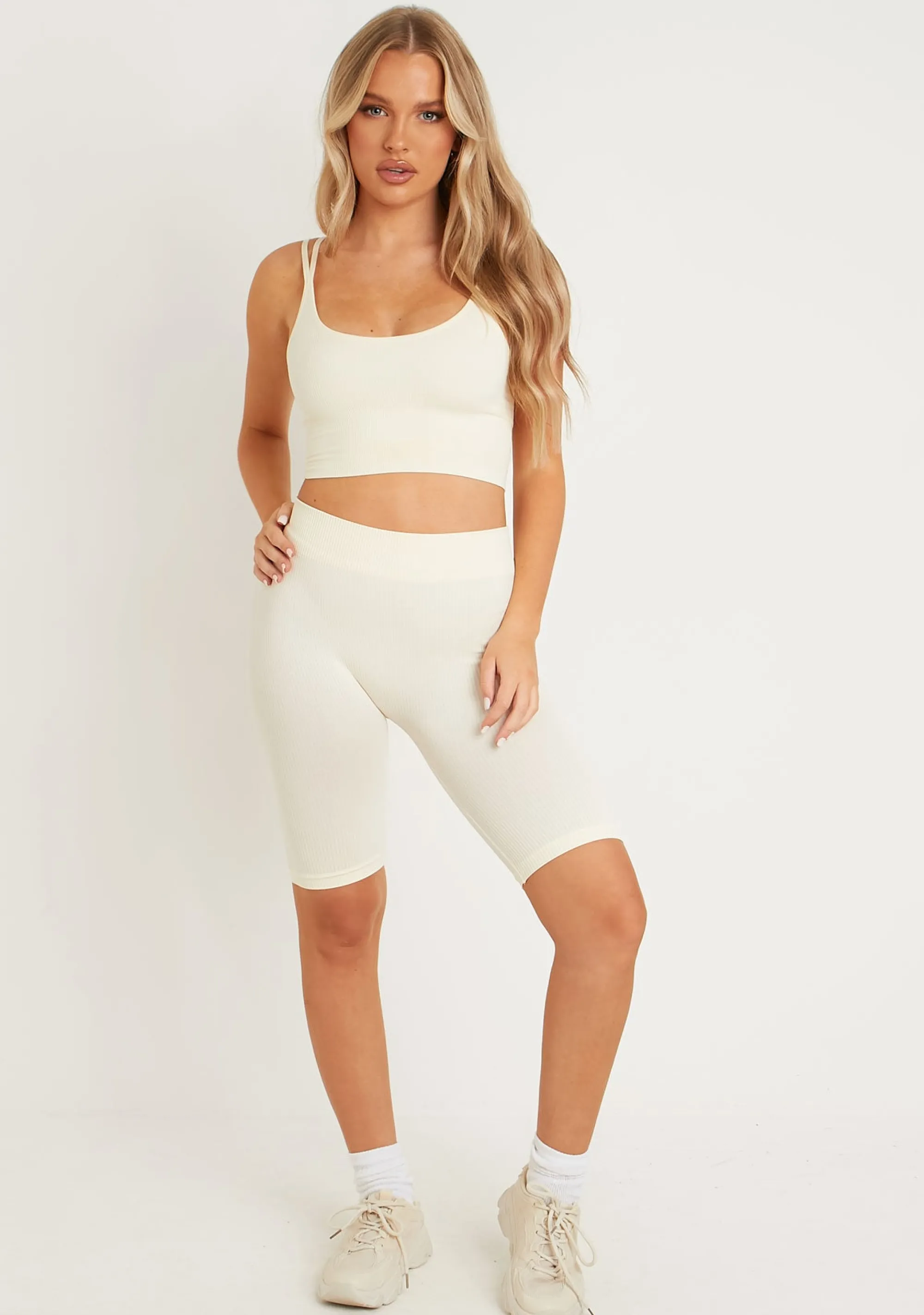 Missy Empire Kara Cream Seamless Ribbed Scoop Neck Double Strap Crop Top Clearance