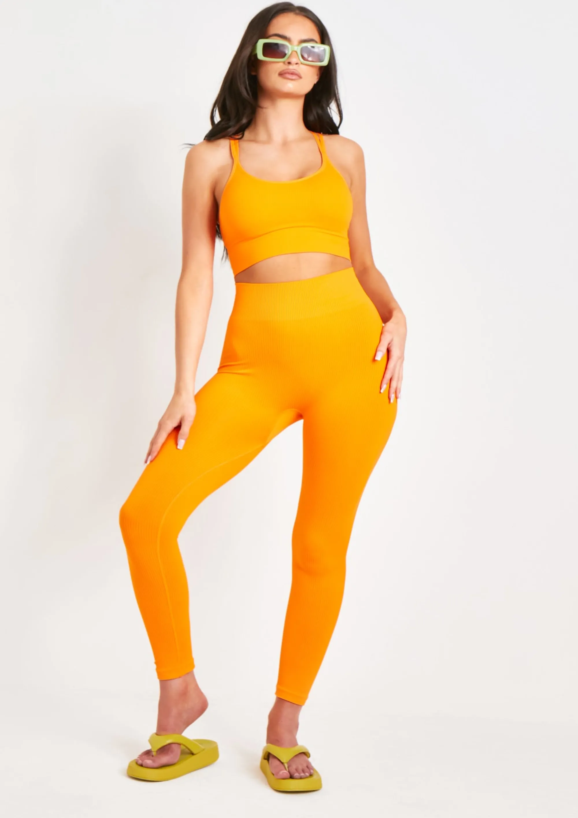 Missy Empire Kara Orange Seamless Ribbed Scoop Neck Double Strap Crop Top Store