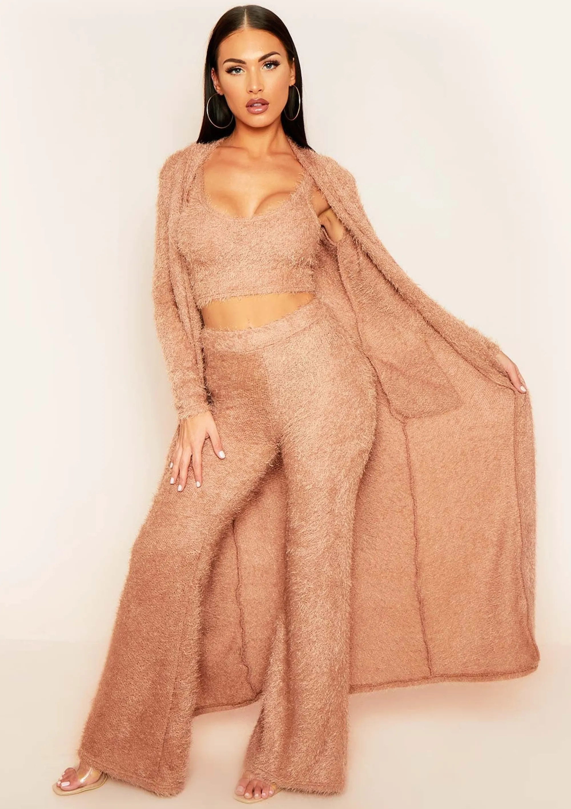 Missy Empire Kara Tan Fluffy Knit Pocket Front Maxi Cardigan^Women Loungewear