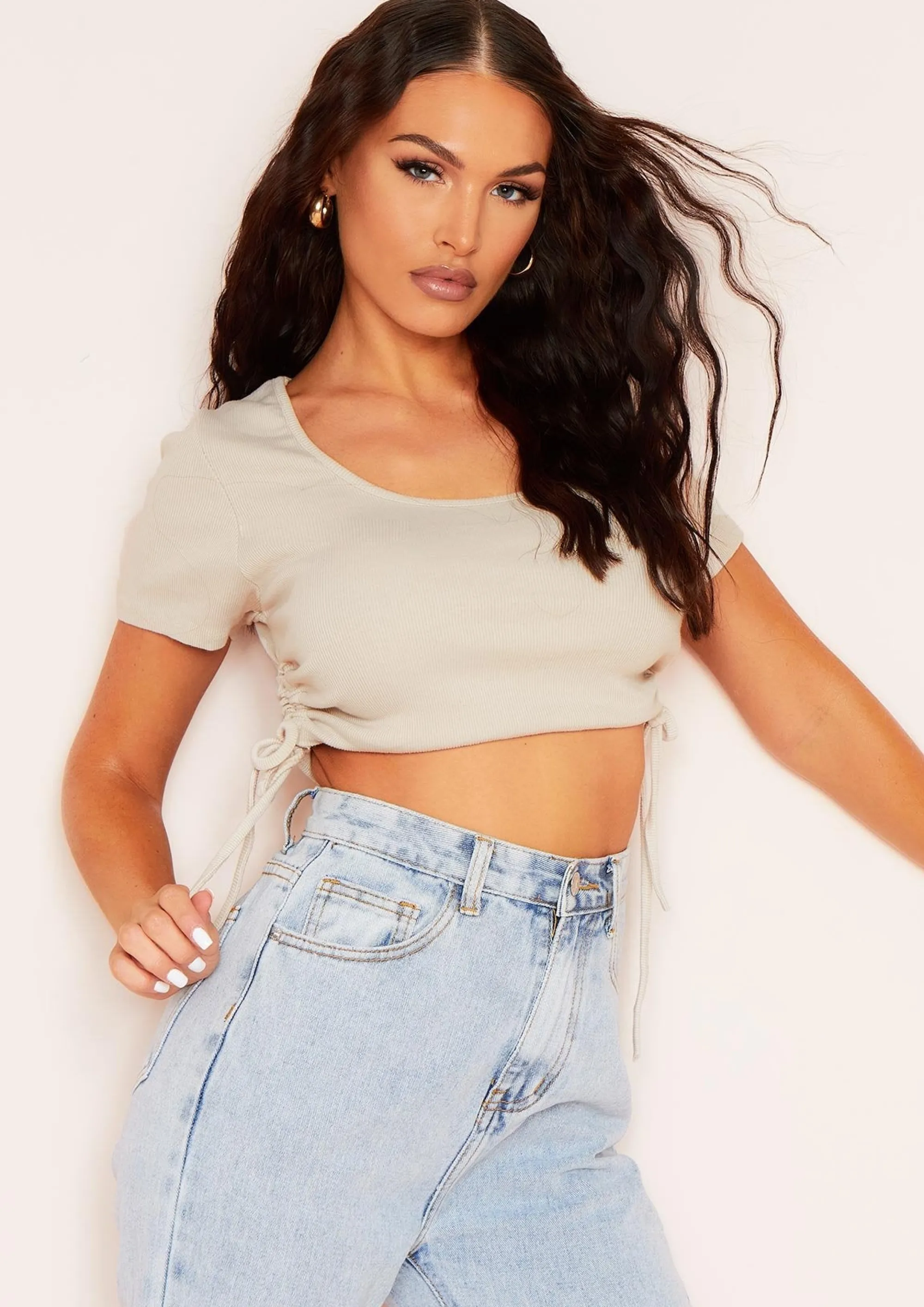 Missy Empire Karin Beige Ruched Side Crop Ribbed T-Shirt Hot