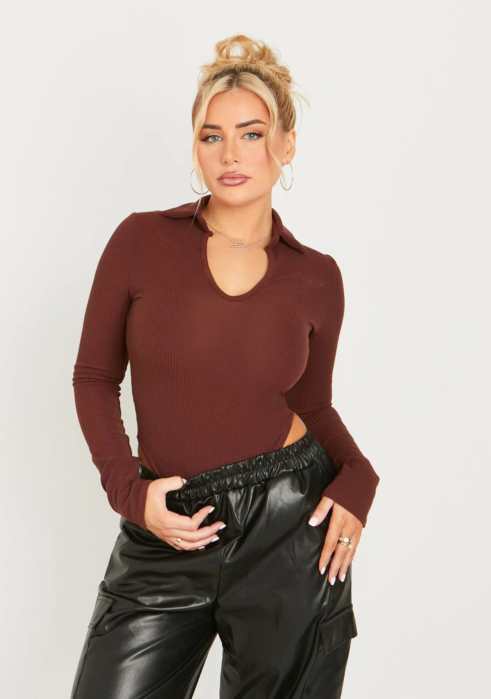 Missy Empire Karla Chocolate Long Sleeve Collared High Leg Bodysuit Best