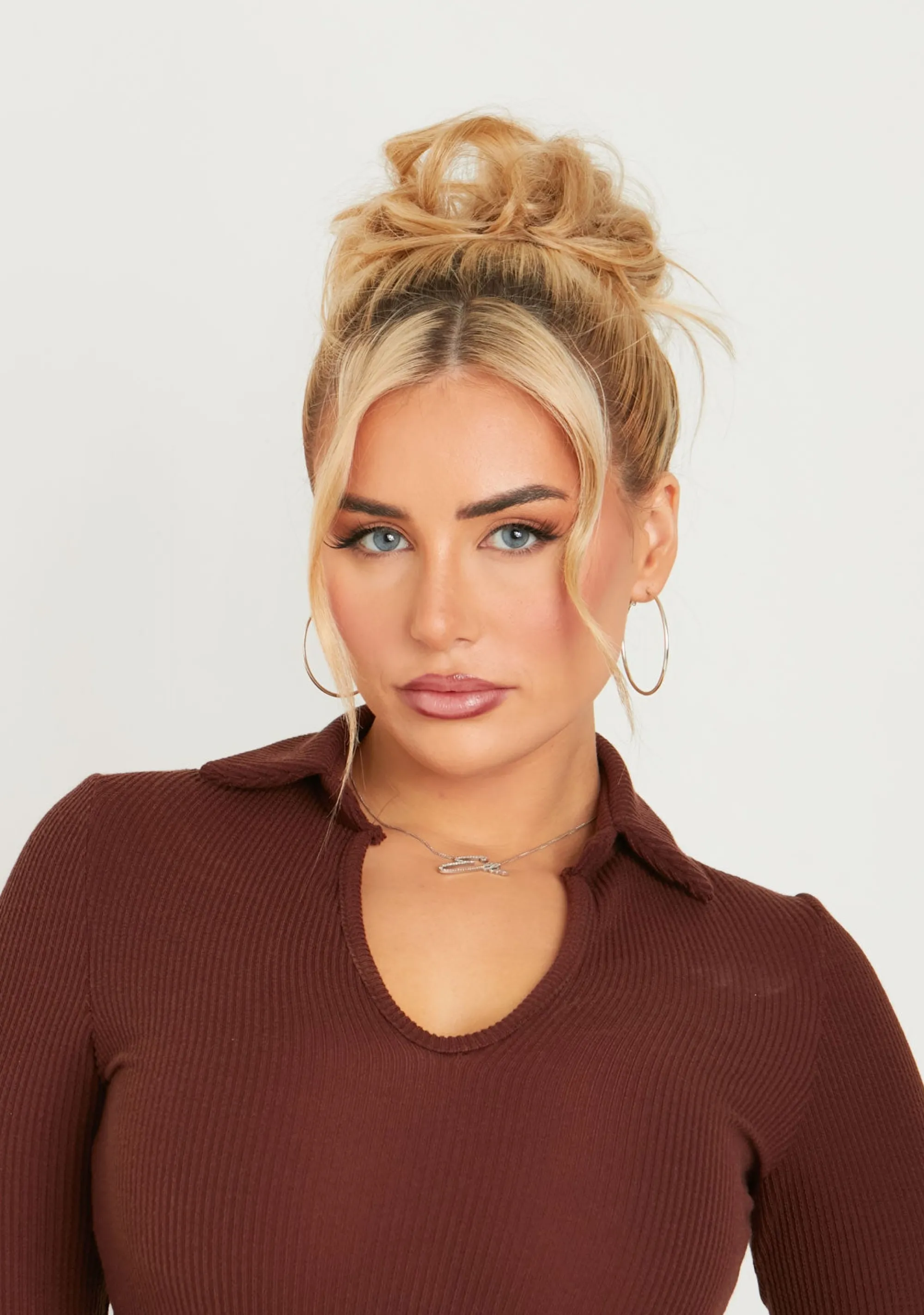 Missy Empire Karla Chocolate Long Sleeve Collared High Leg Bodysuit Best