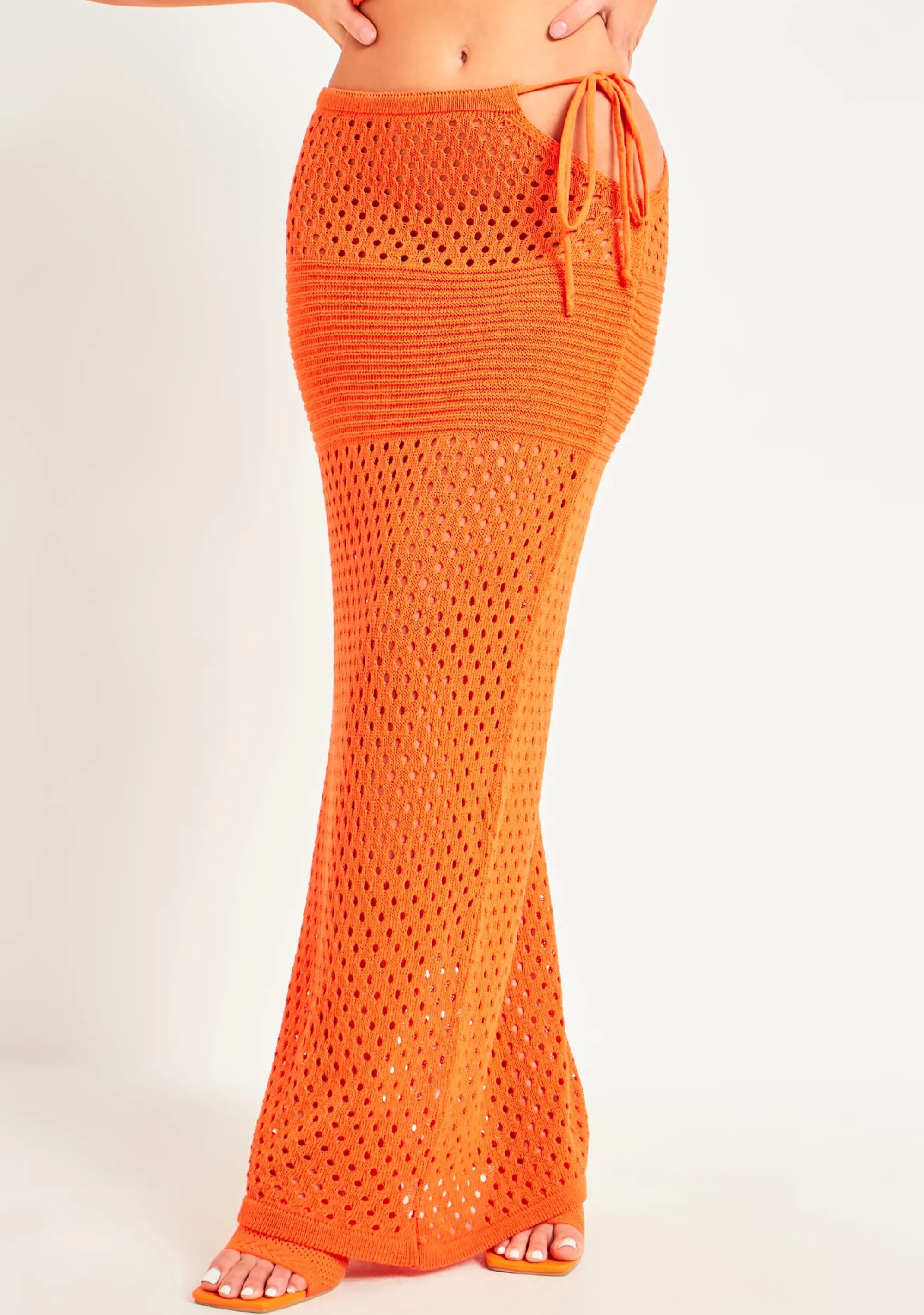 Missy Empire Kassie Orange Crochet Cut Out Maxi Skirt New
