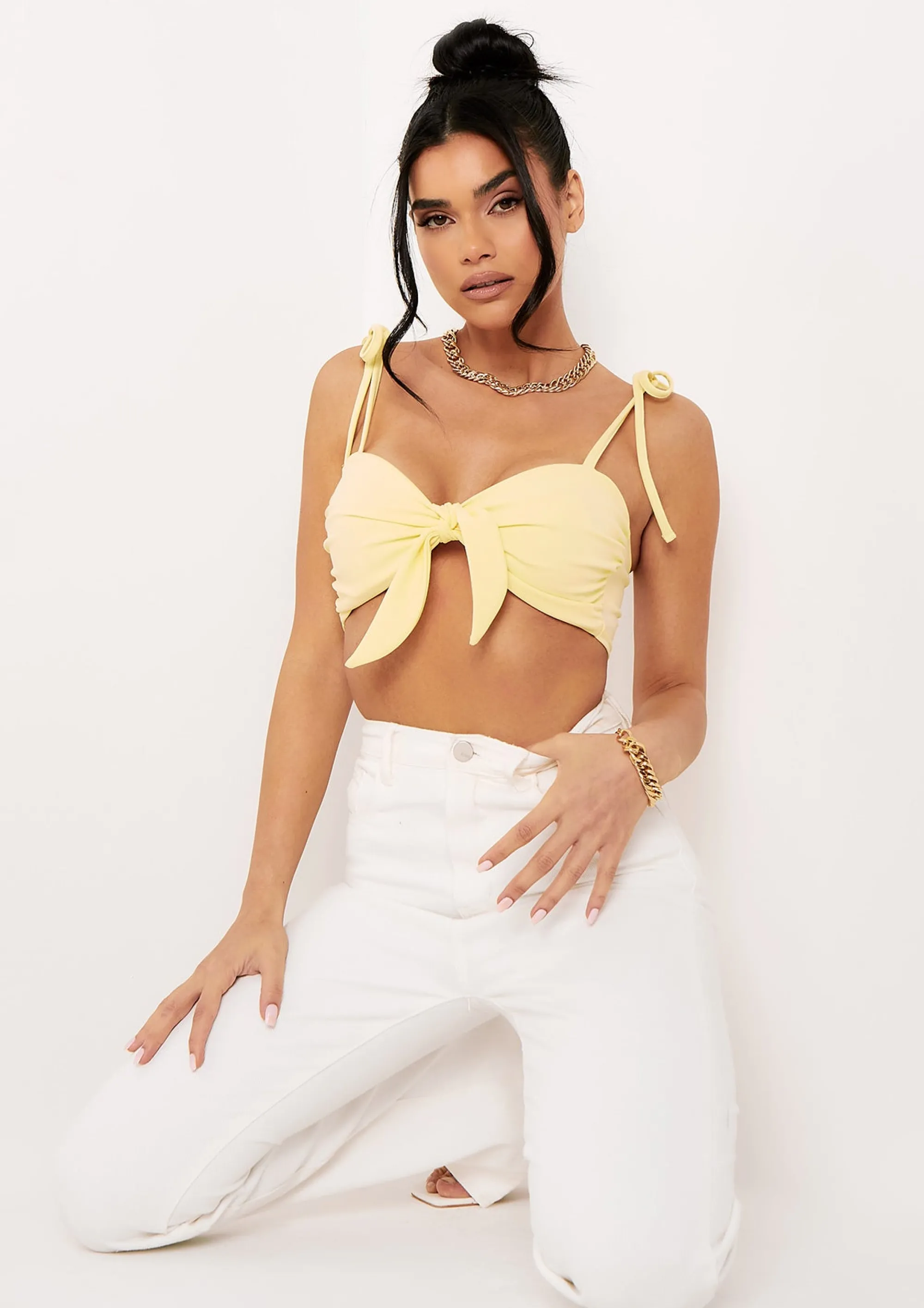 Missy Empire Kayla Lemon Tie Front Strappy Crop Top Cheap