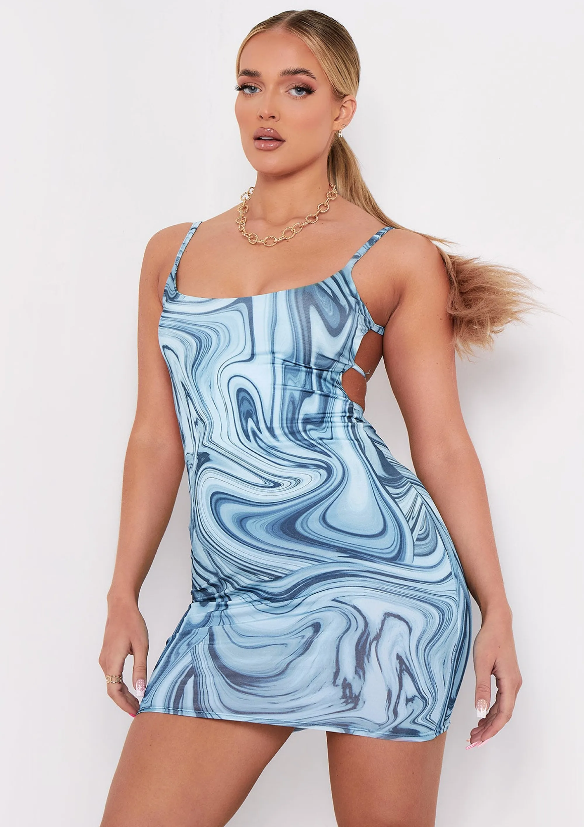 Missy Empire Kaylin Blue Print Slinky Strappy Mini Dress^Women Dresses