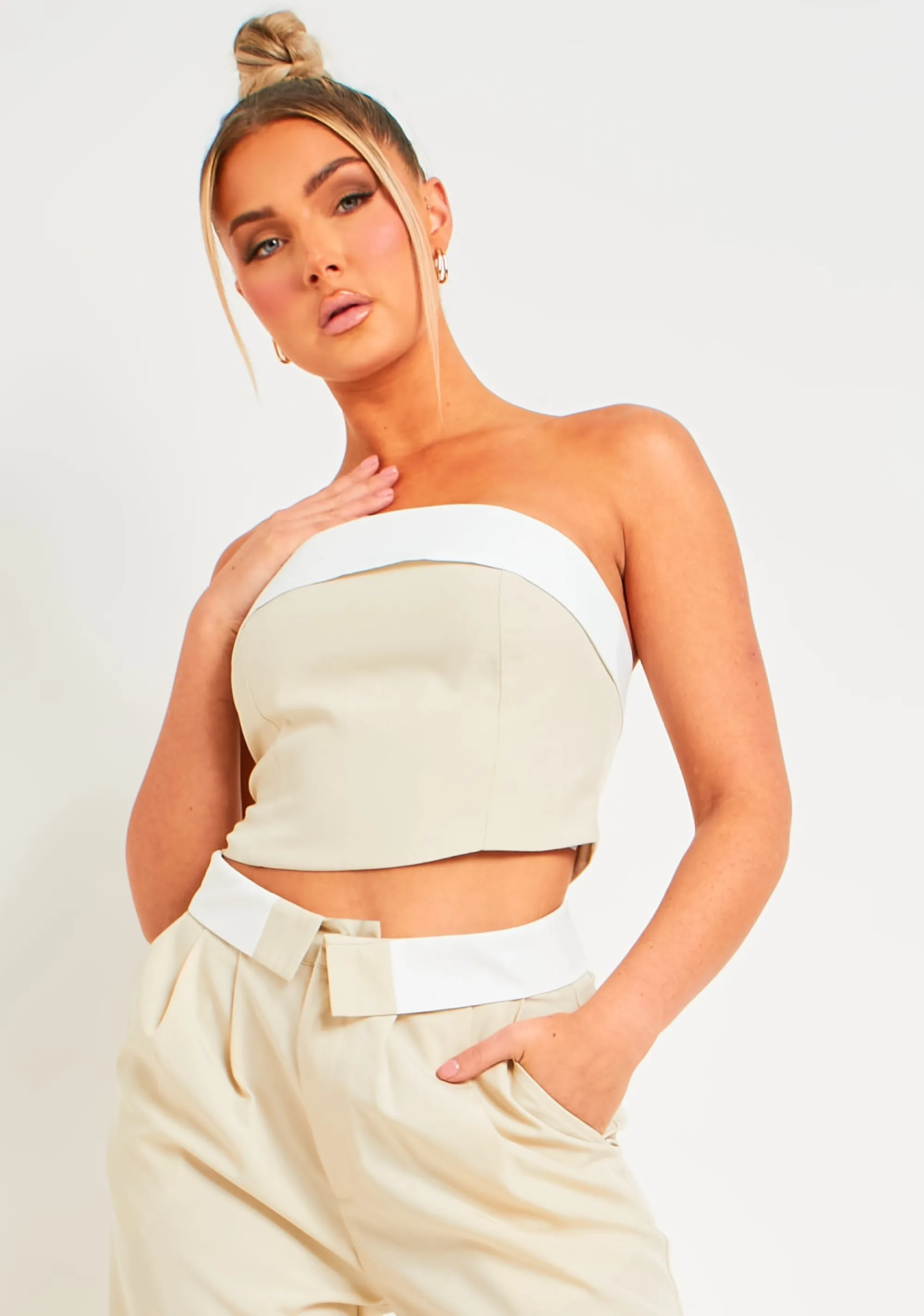 Missy Empire Kaysie Beige Fold Over Bandeau Top Sale