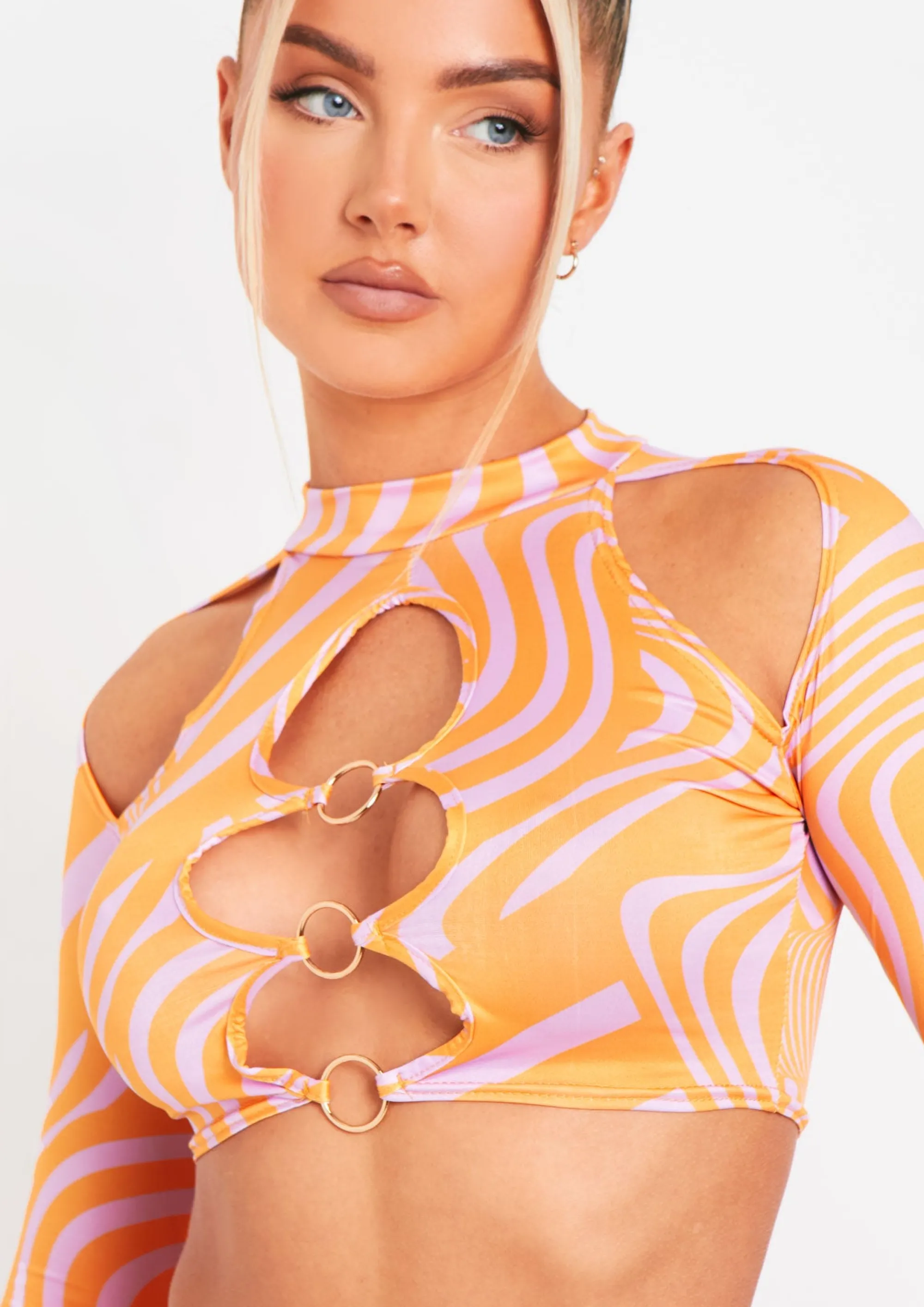 Missy Empire Keeley Pink Swirl Print Cut Out Long Sleeve Crop Top Cheap