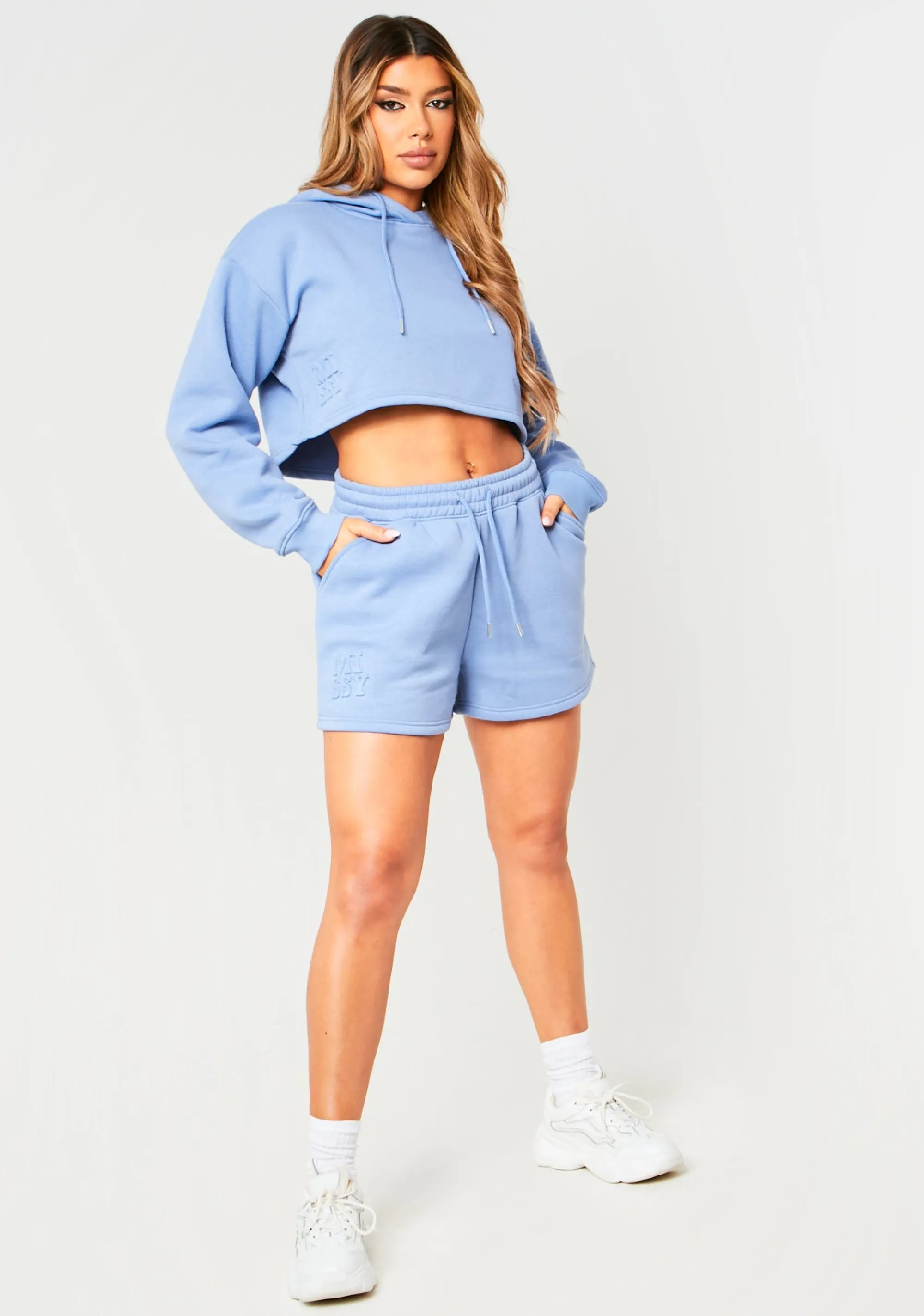 Missy Empire Keira Blue Missy Embossed Sweat Shorts^Women Shorts