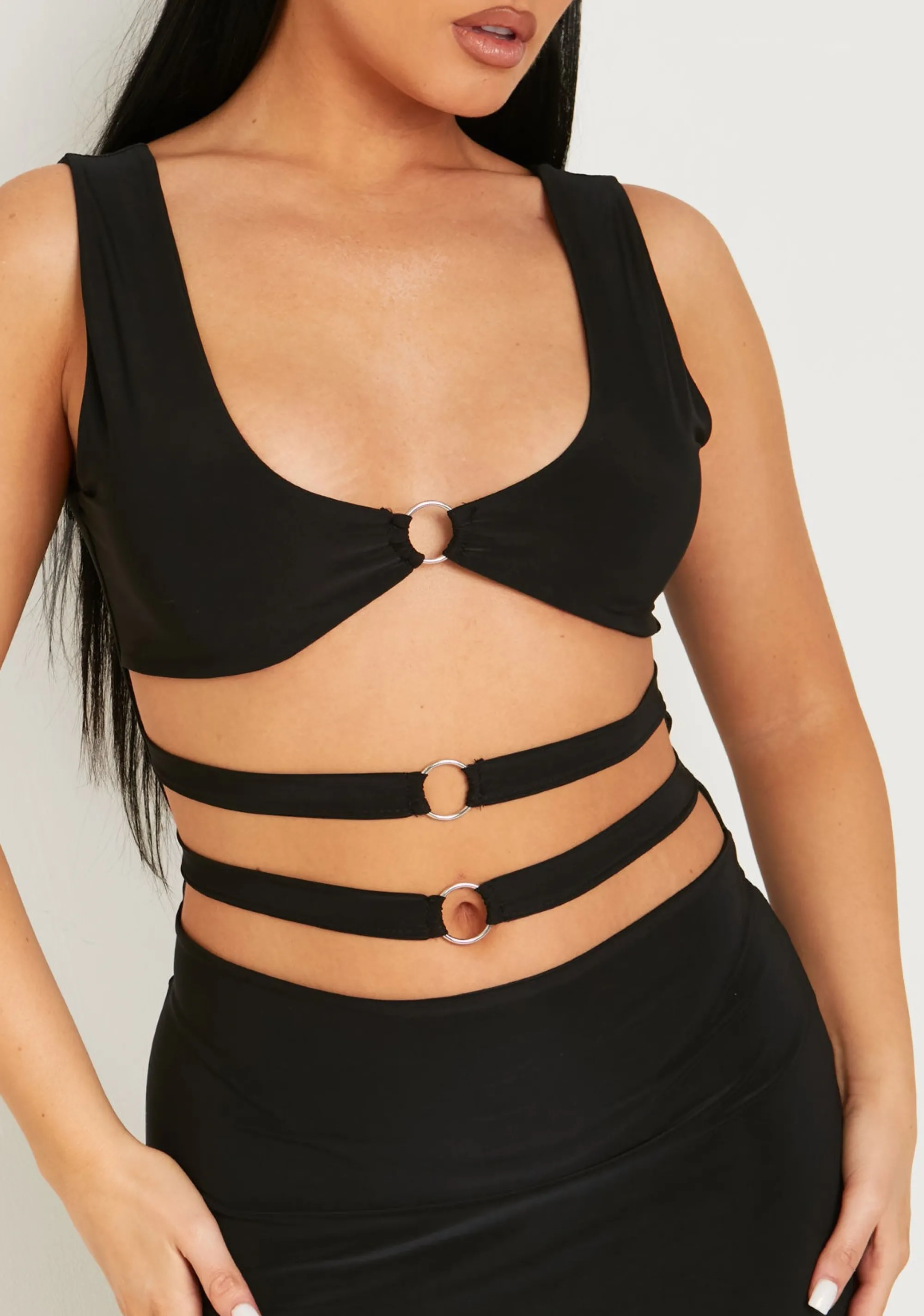 Missy Empire Kensley Black Slinky Ring Cut Out Mini Dress^Women Dresses