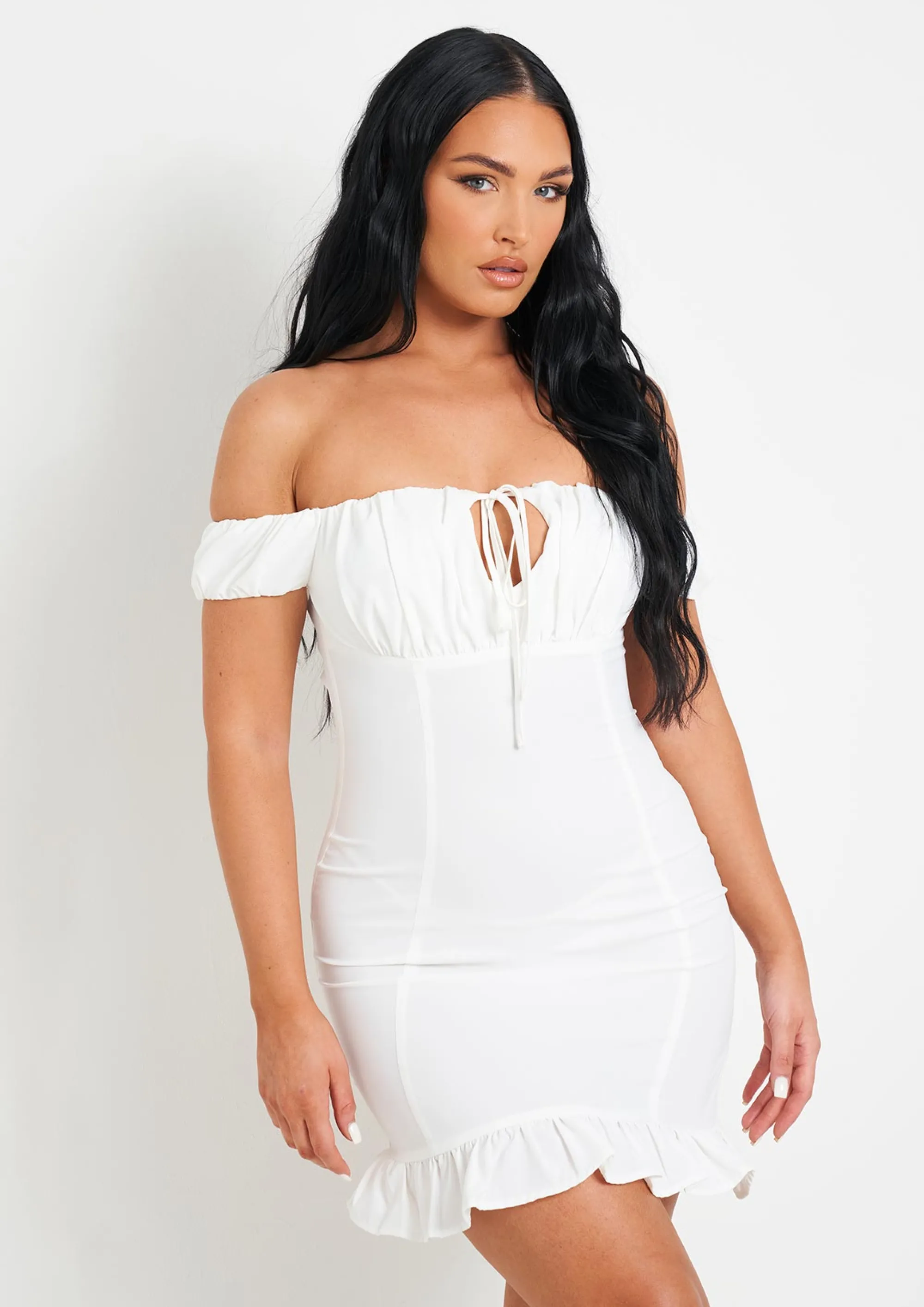 Missy Empire Khalani White Woven Frill Hem Mini Dress^Women Dresses