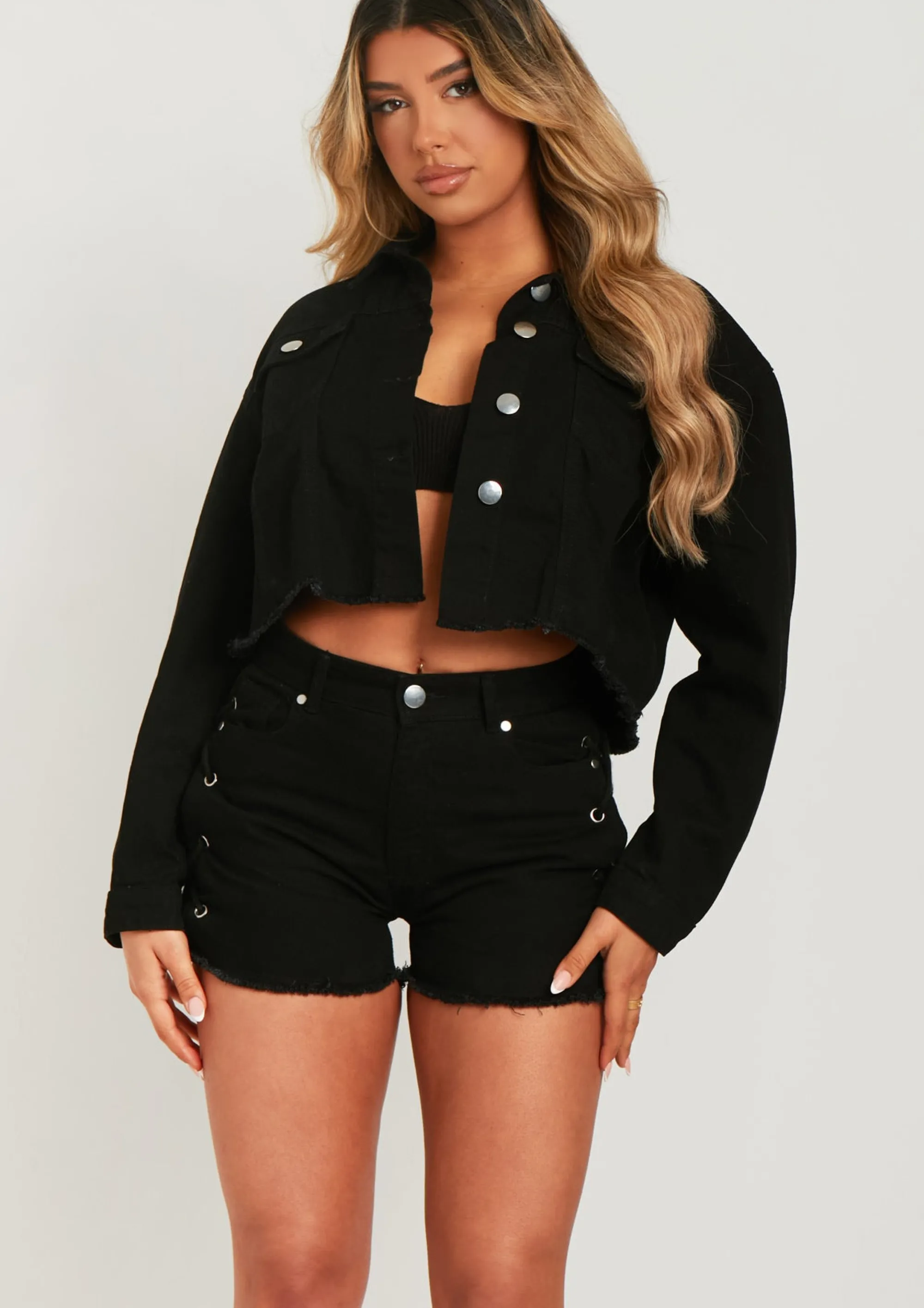 Missy Empire Khari Black Lace Up Denim Jacket Flash Sale