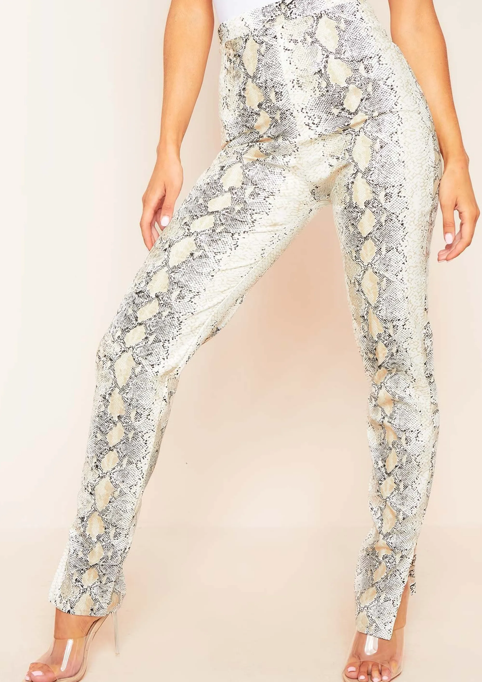 Missy Empire Khloe White Snake Print Vegan Leather Side Split Leggings^Women Leggings