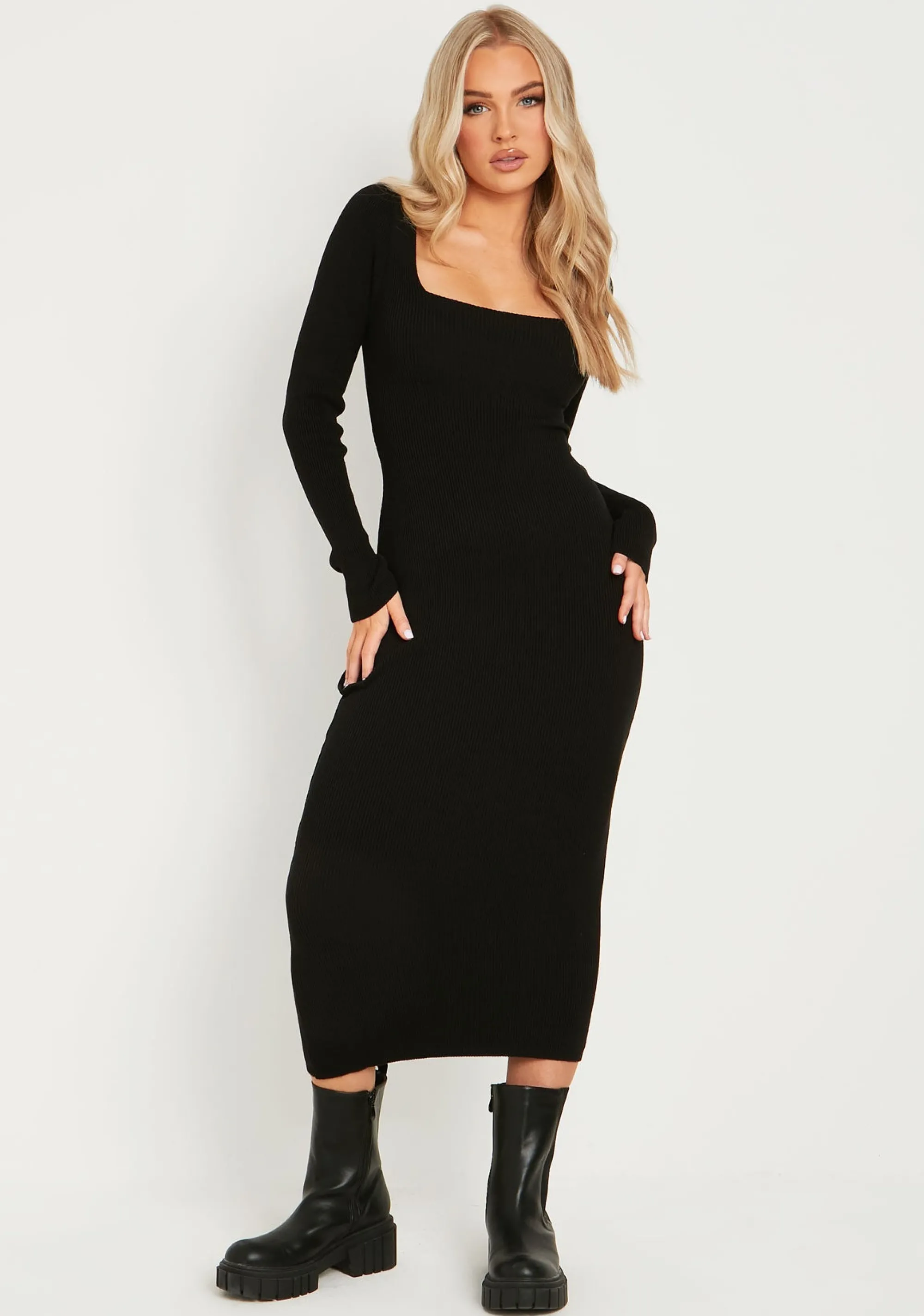 Missy Empire Kim Black Knit Square Neck Long Sleeve Midi Dress^Women Dresses
