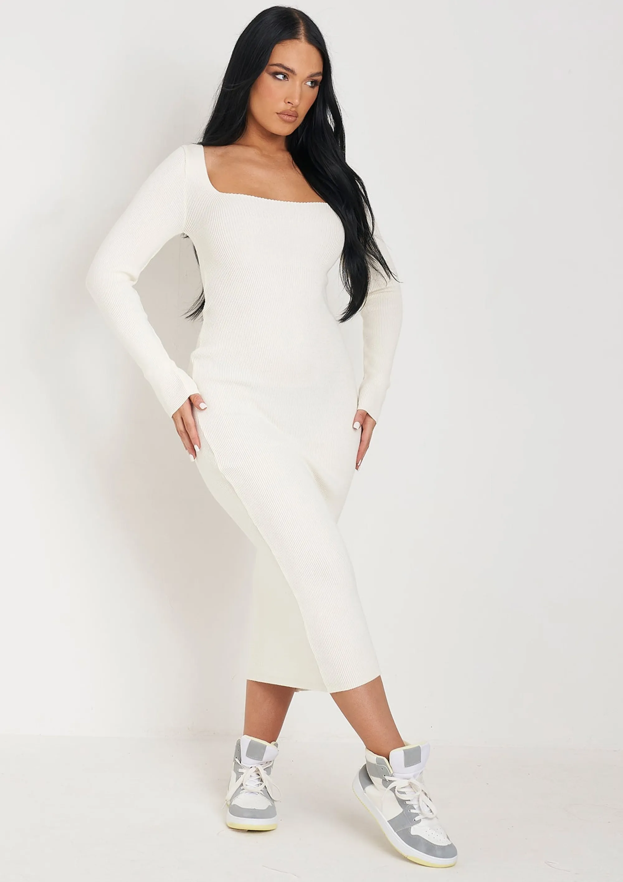 Missy Empire Kim Cream Knit Square Neck Long Sleeve Midi Dress^Women Dresses