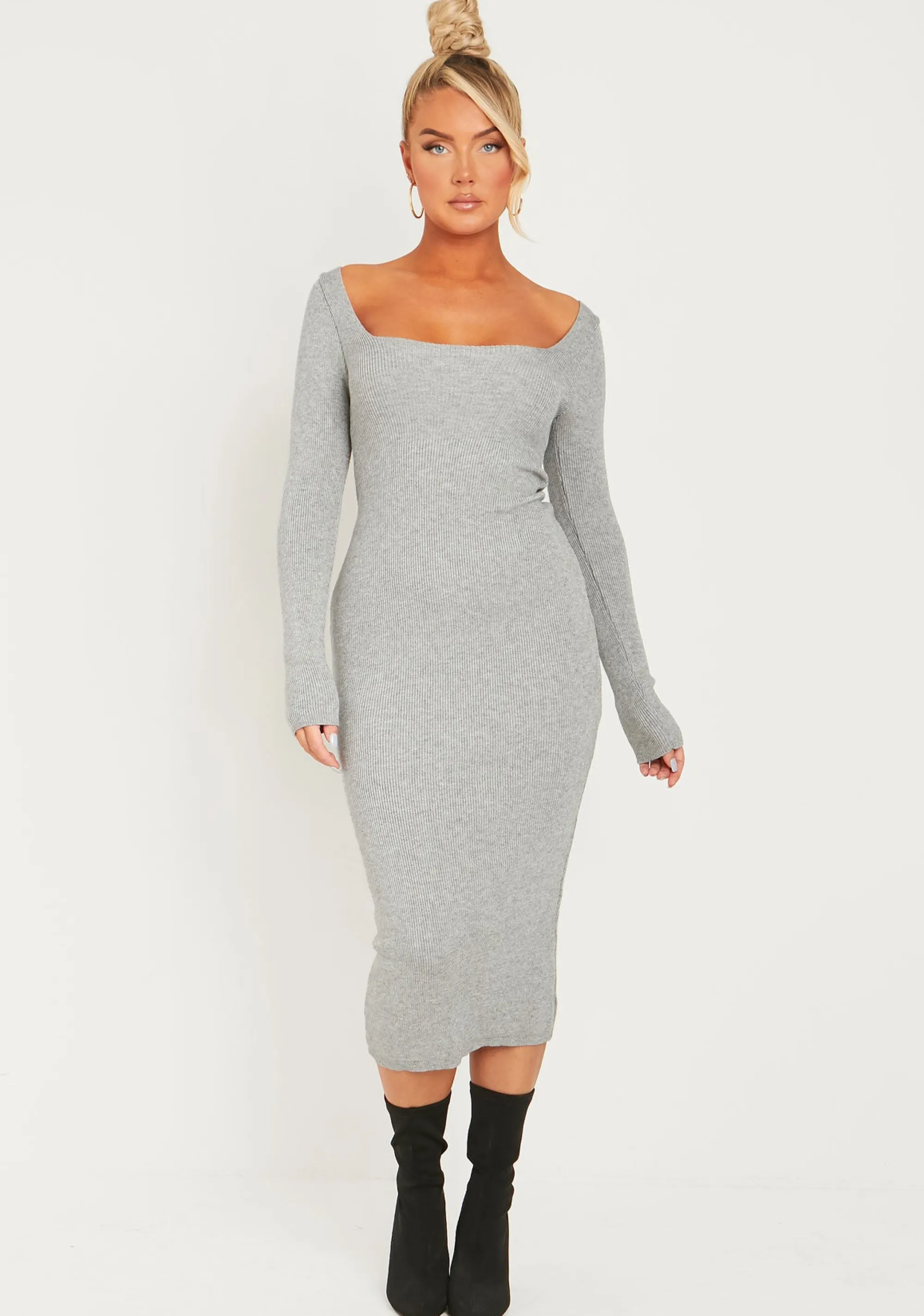 Missy Empire Kim Light Grey Knit Square Neck Long Sleeve Midi Dress^Women Dresses