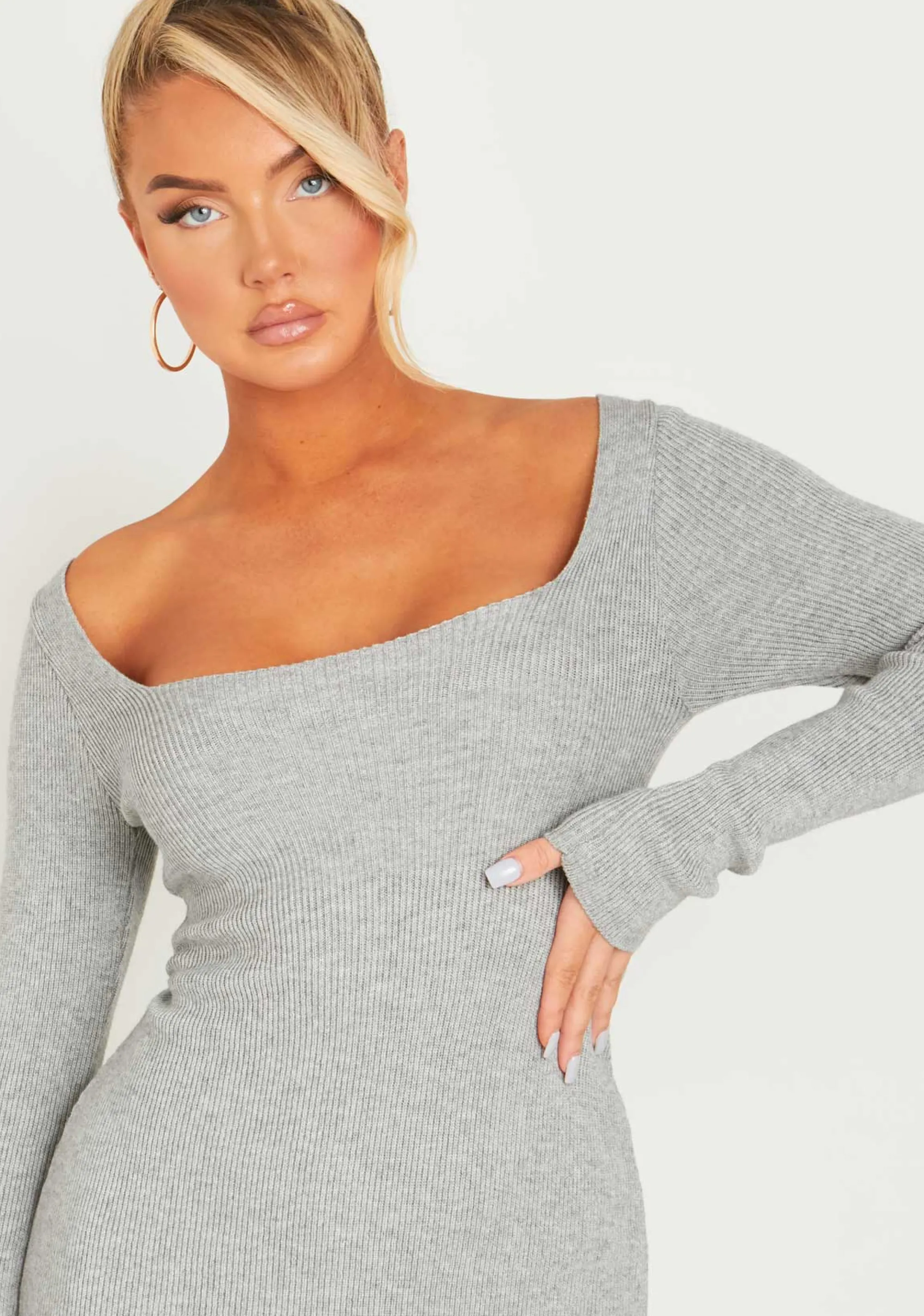 Missy Empire Kim Light Grey Knit Square Neck Long Sleeve Midi Dress^Women Dresses