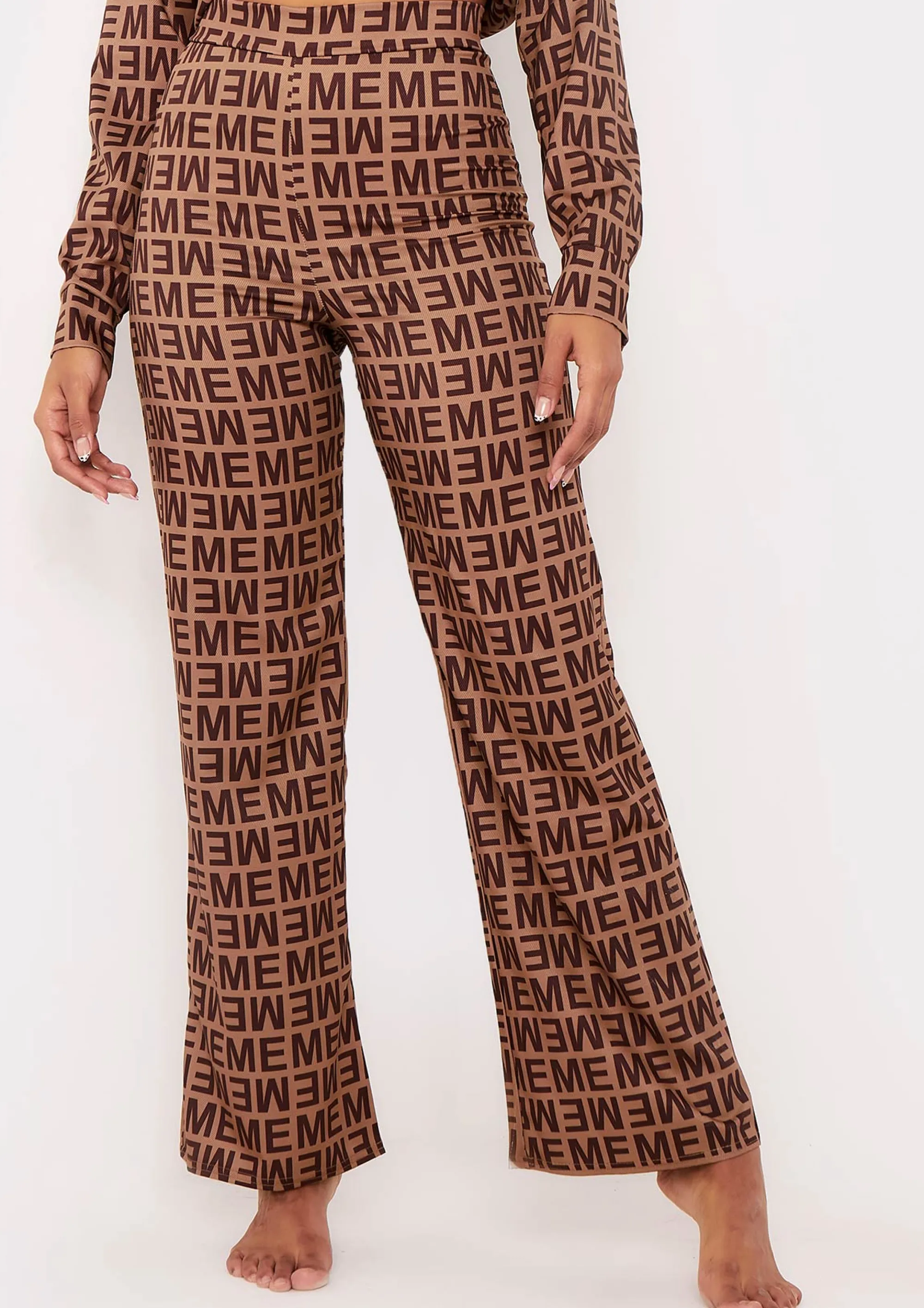 Missy Empire Kimber Brown Me Print Straight Leg Trousers^Women Trousers
