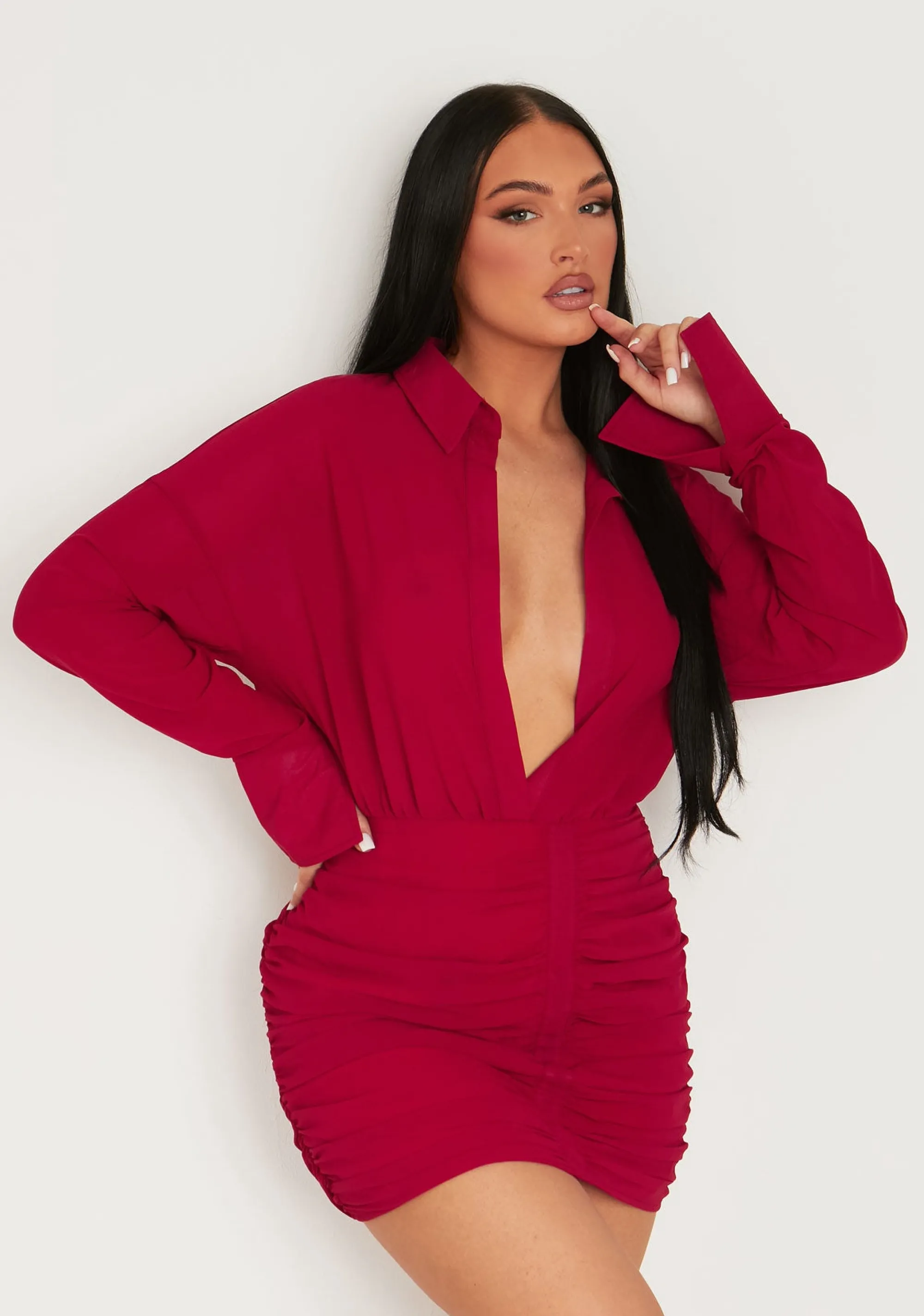 Missy Empire Kirsty Burgundy Long Sleeve Plunge Front Ruched Skirt Mini Dress^Women Dresses