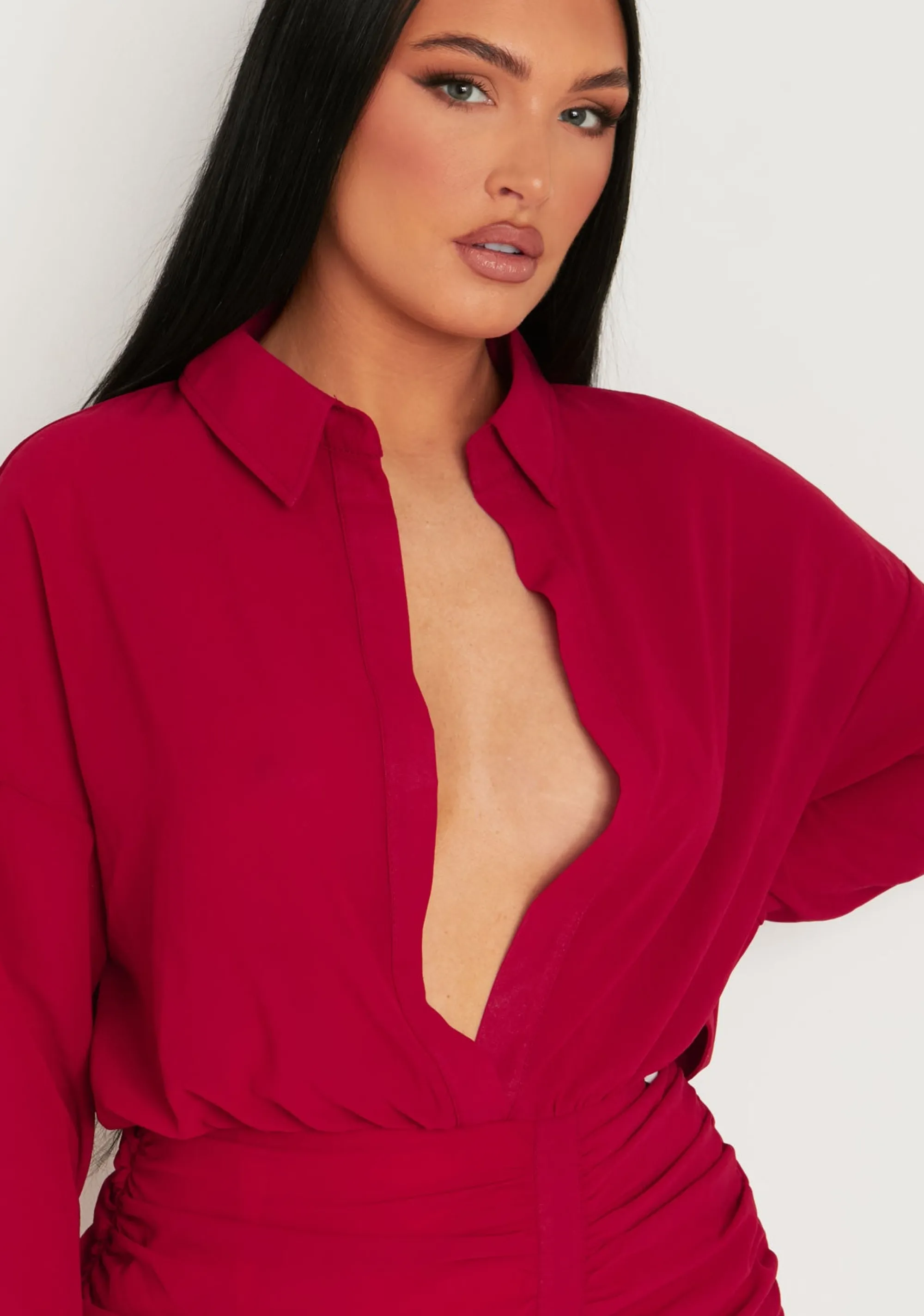 Missy Empire Kirsty Burgundy Long Sleeve Plunge Front Ruched Skirt Mini Dress^Women Dresses