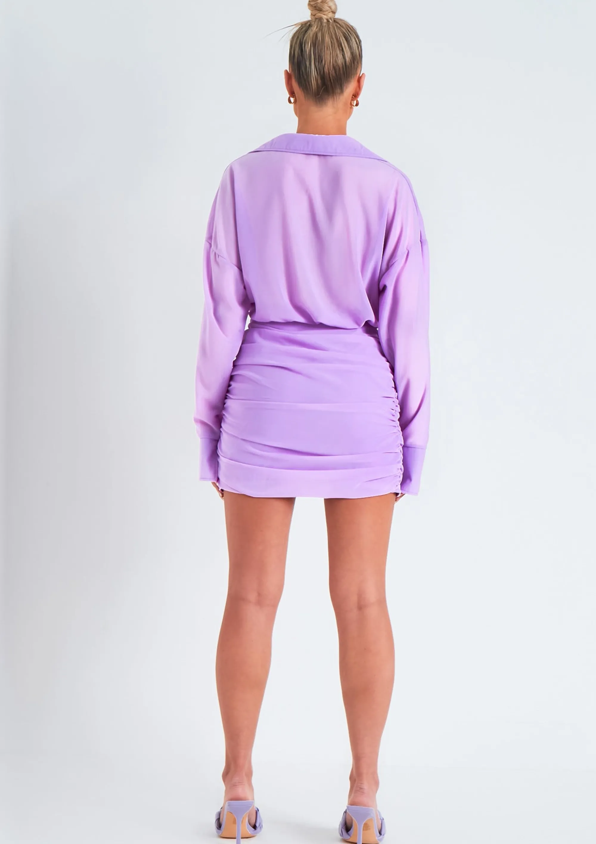 Missy Empire Kirsty Lilac Long Sleeve Plunge Front Ruched Skirt Mini Dress^Women Dresses