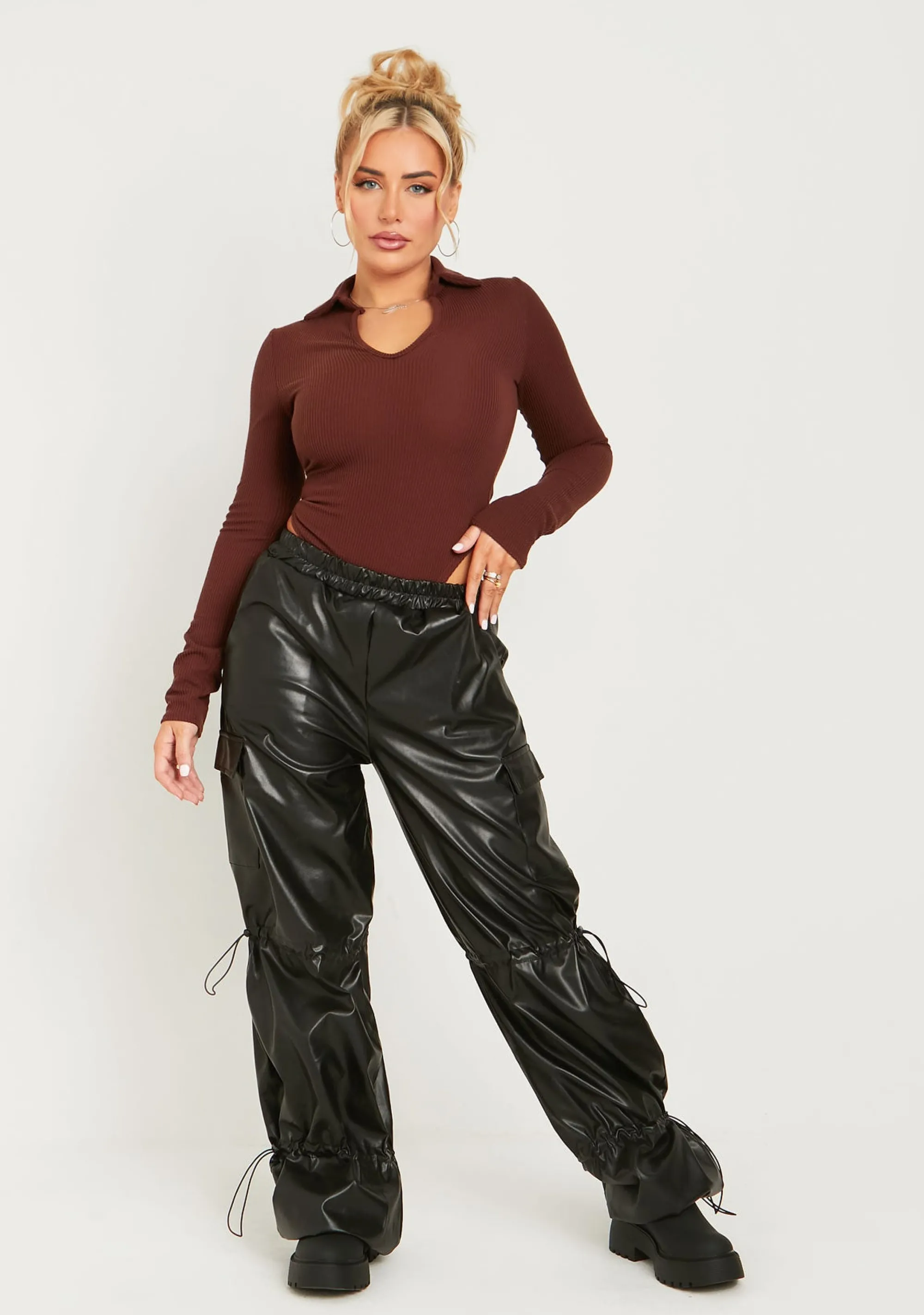 Missy Empire Kori Black Pu Toggle Cargo Trousers^Women Trousers