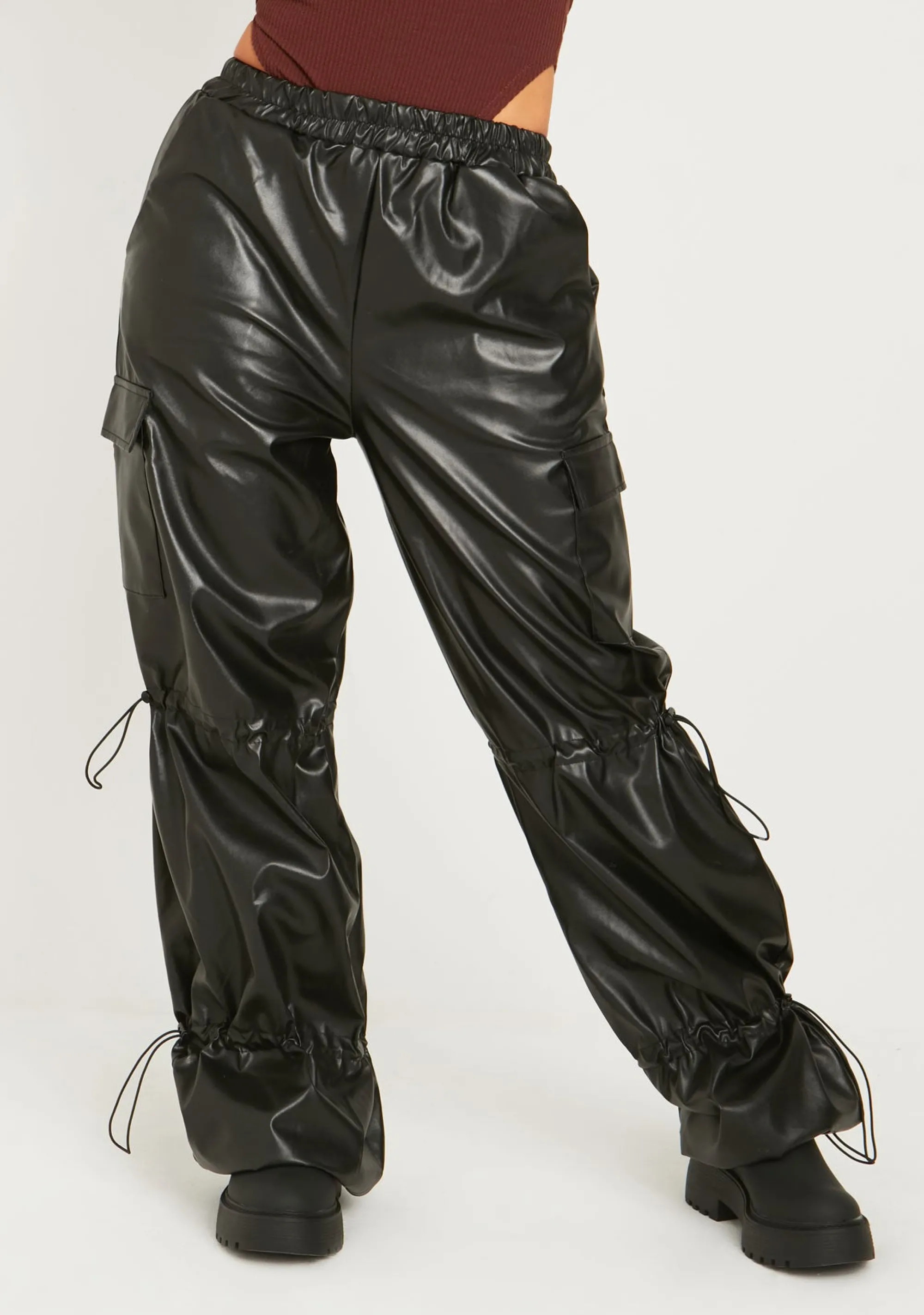 Missy Empire Kori Black Pu Toggle Cargo Trousers^Women Trousers