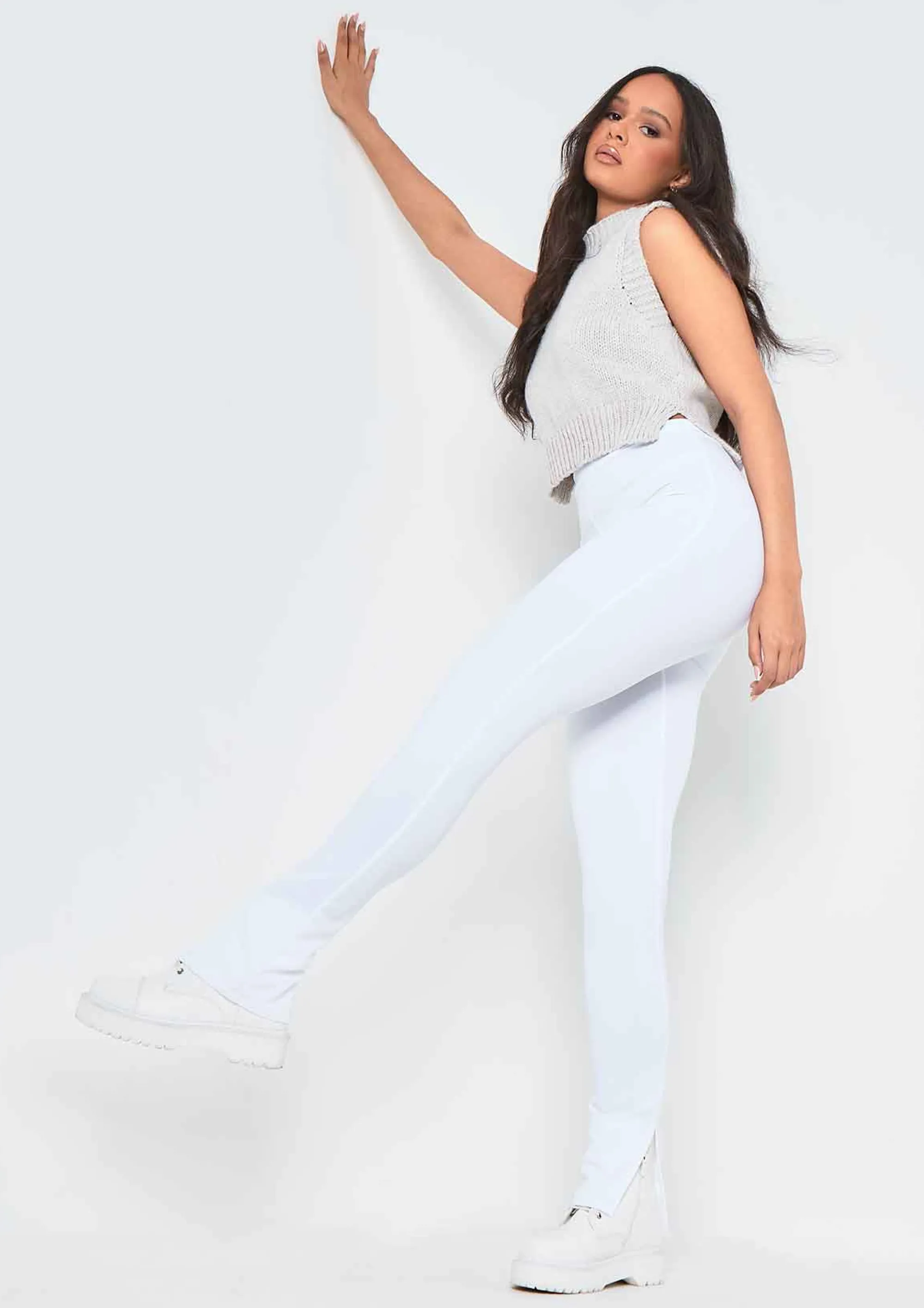 Missy Empire Kourtney White Plain Inside Split Trousers^Women Trousers