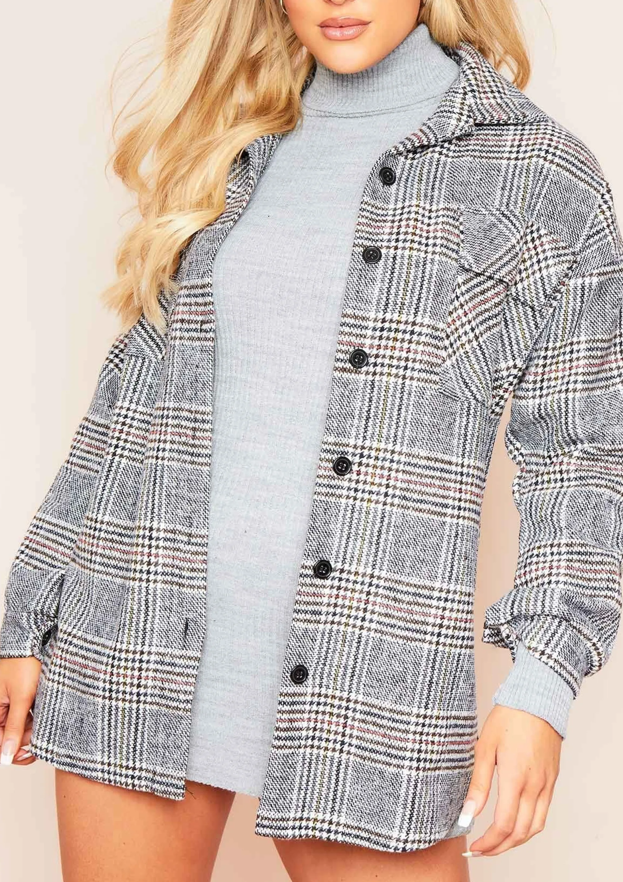 Missy Empire Lara Grey Multi Check Print Oversized Shacket New