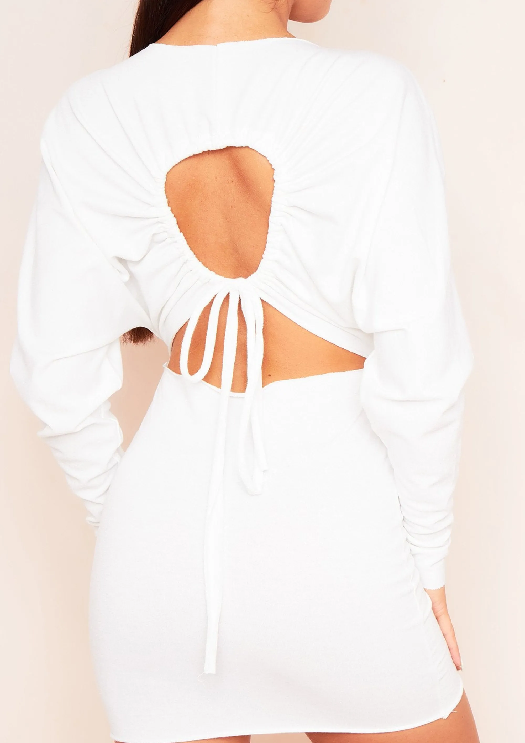 Missy Empire Larsa Cream Ruched Sleeve Cut Out Jumper Dress^Women Loungewear
