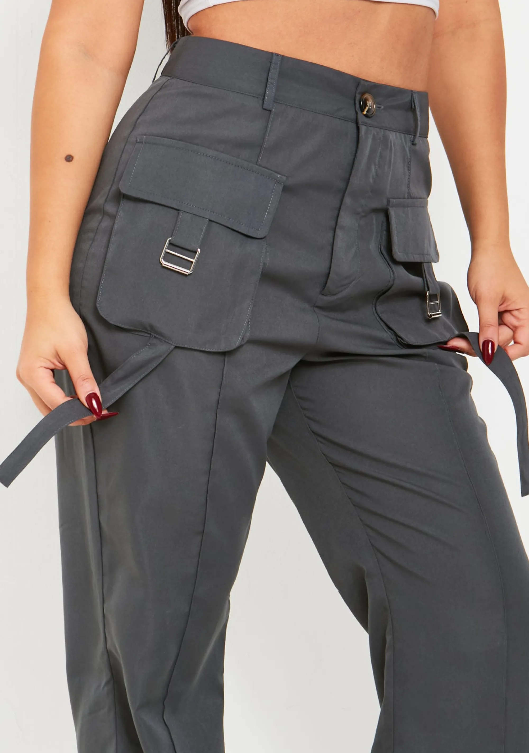 Missy Empire Laura Charcoal Pocket Detail Straight Leg Cargo Trousers^Women Trousers