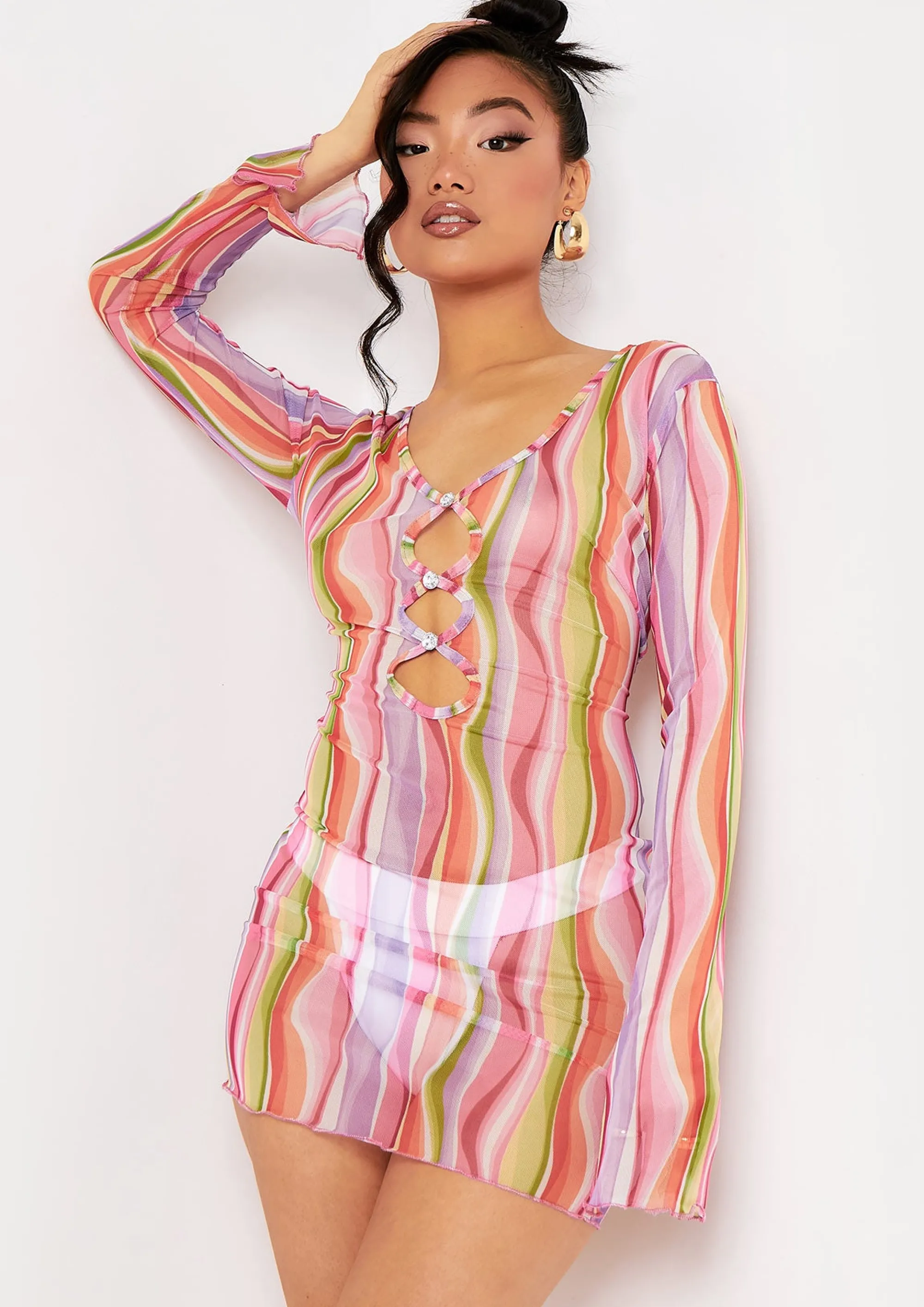 Missy Empire Layla Pink Printed Mesh Cut Out Mini Dress^Women Dresses