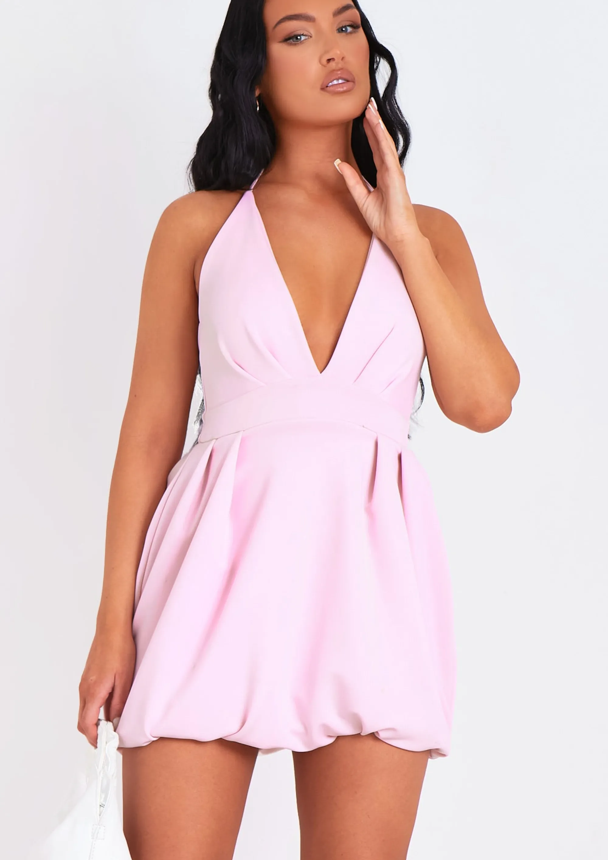 Missy Empire Layla Pink Scuba Puffball Halter Neck Plunge Mini Dress^Women Dresses