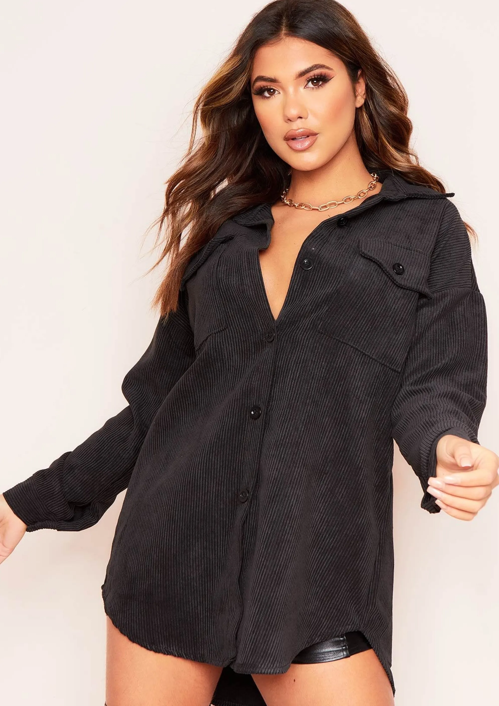 Missy Empire Leah Black Oversized Pocket Front Cord Button Shirt Online