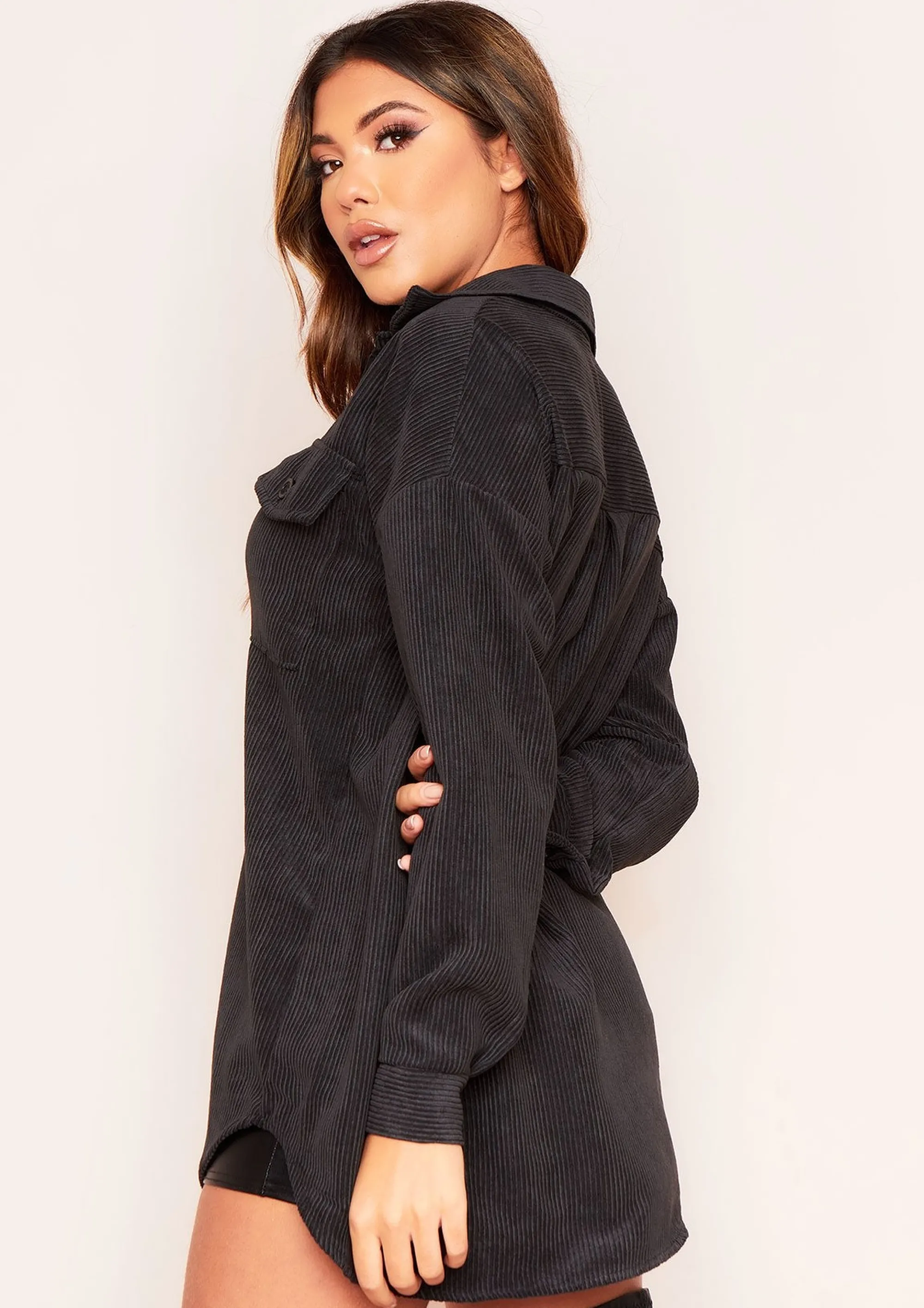 Missy Empire Leah Black Oversized Pocket Front Cord Button Shirt Online