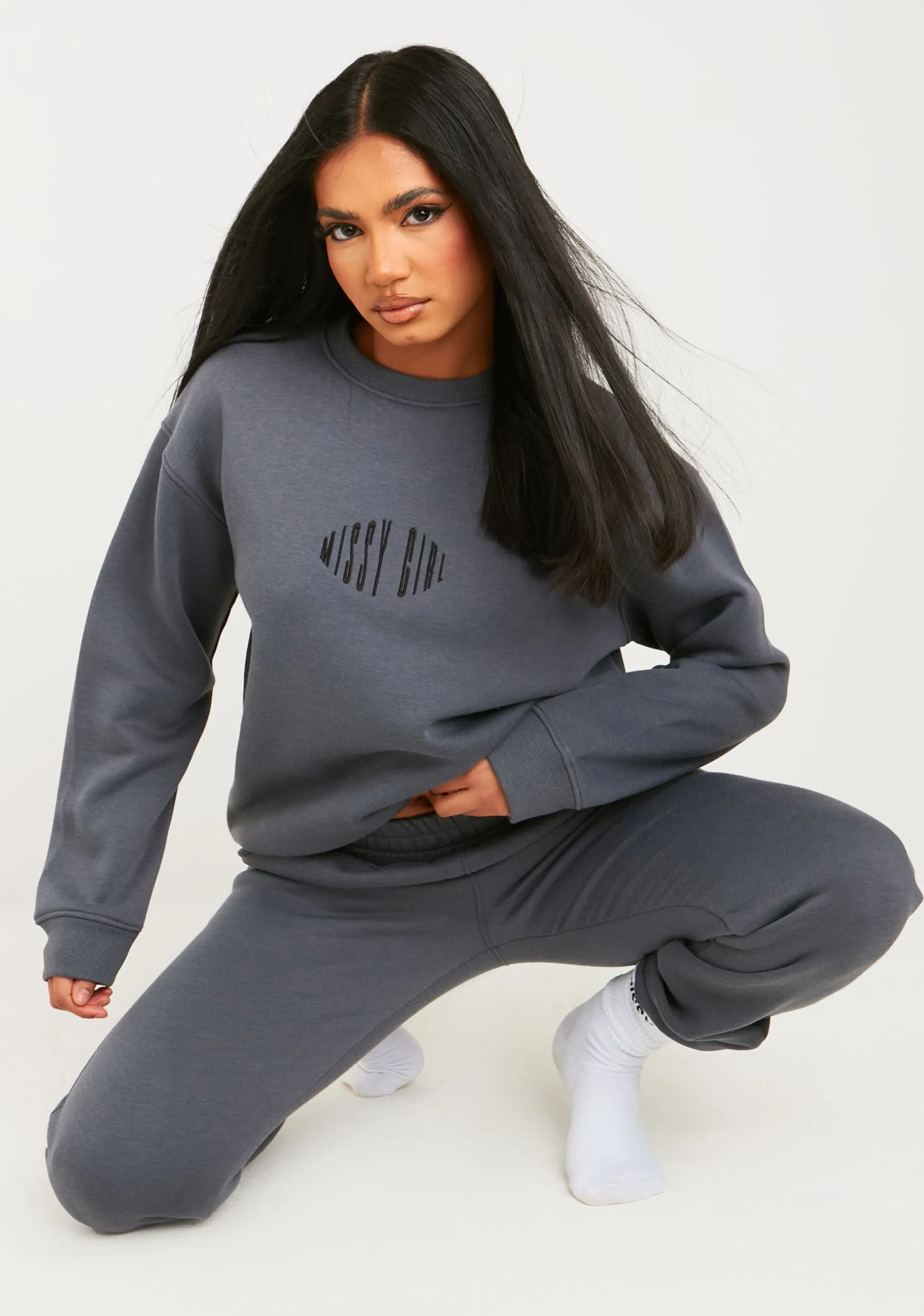 Missy Empire Leah Charcoal Missy Girl Embroidered Oversized Sweatshirt^Women Tracksuits