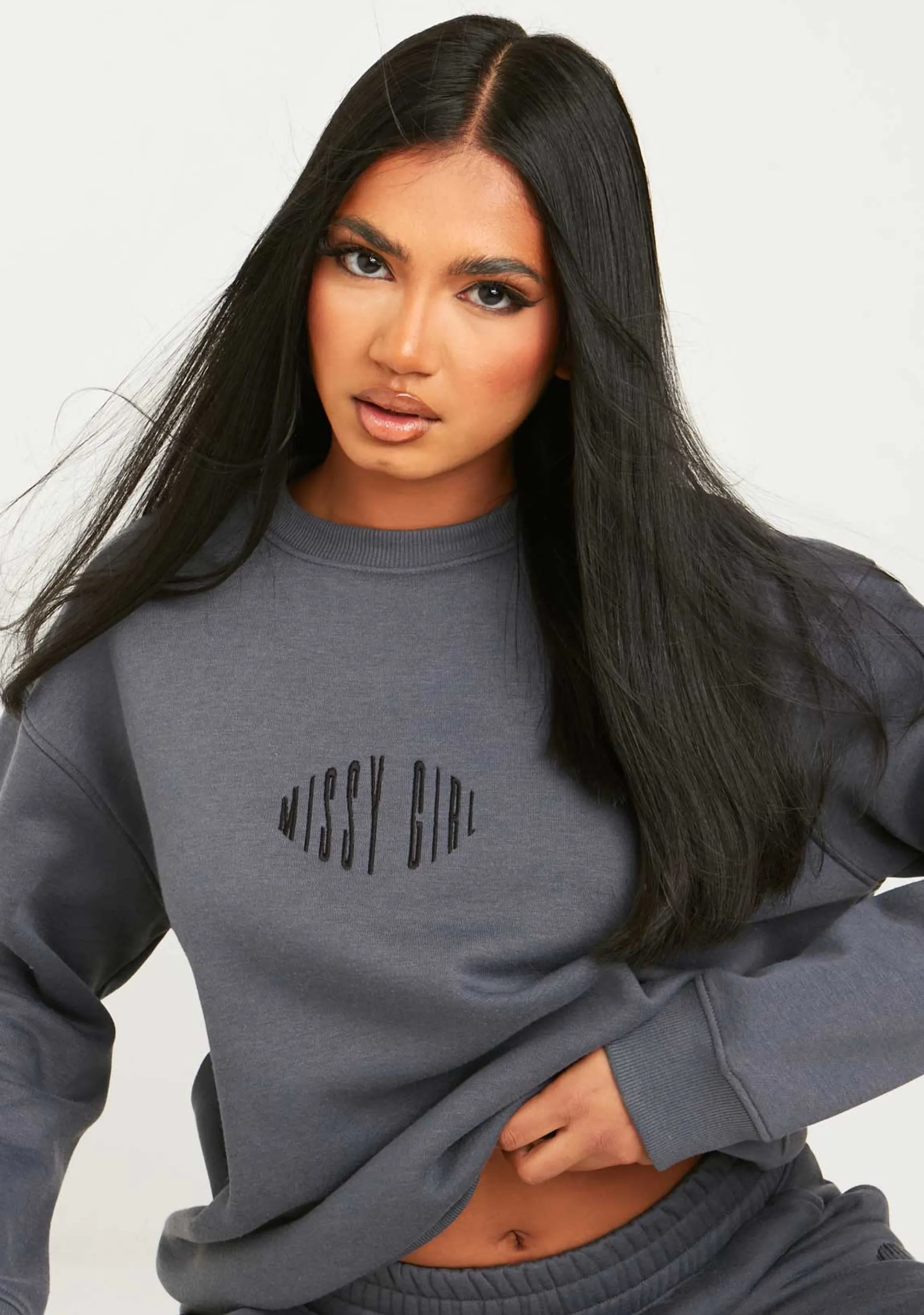 Missy Empire Leah Charcoal Missy Girl Embroidered Oversized Sweatshirt^Women Tracksuits