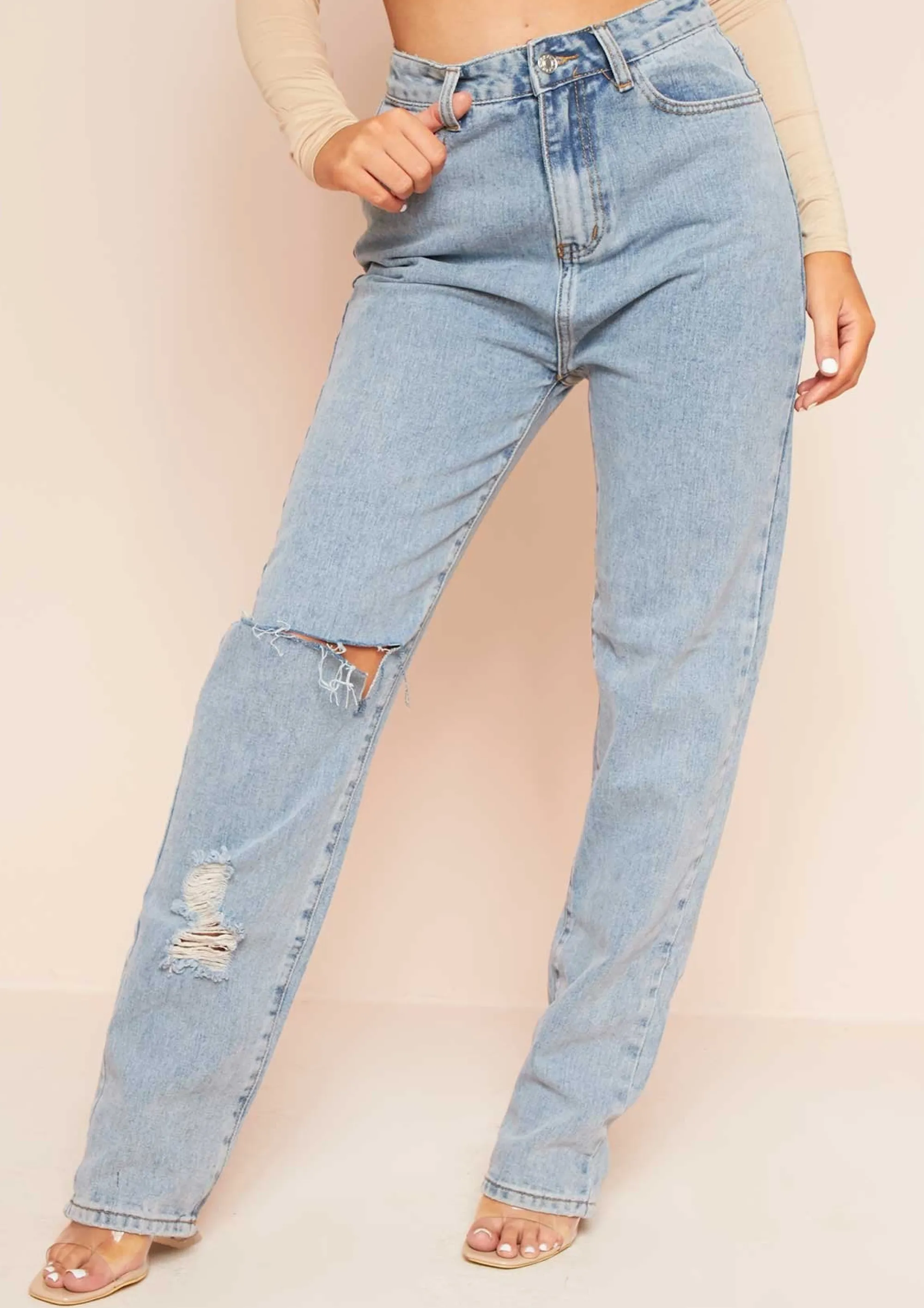 Missy Empire Leana Denim Distressed Knee Rip Jeans Outlet