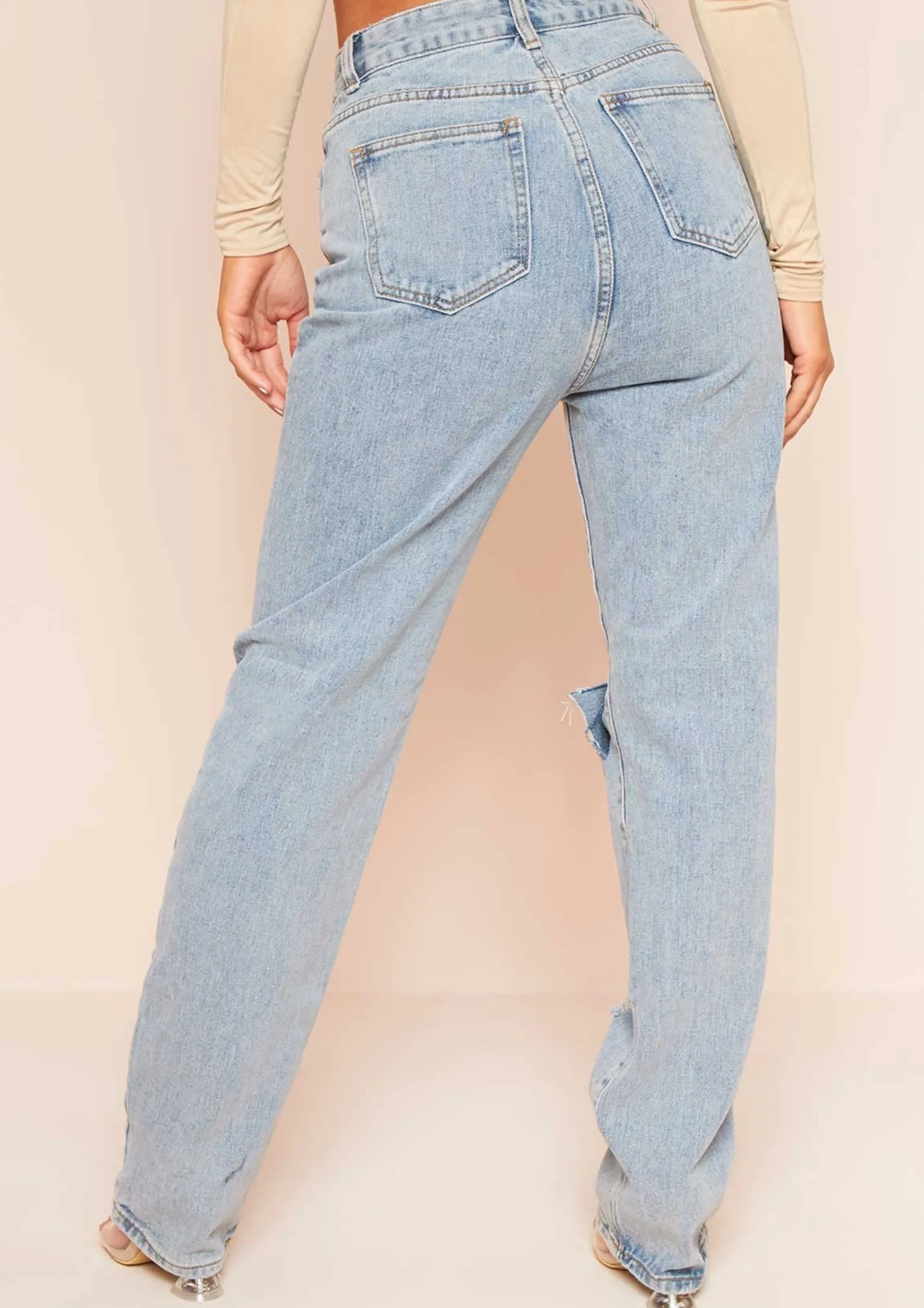Missy Empire Leana Denim Distressed Knee Rip Jeans Outlet