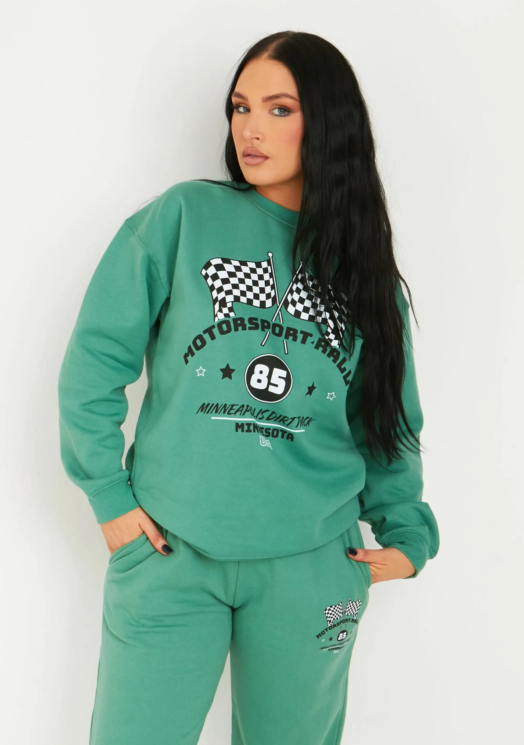 Missy Empire Leonie Washed Green Motocross Printed Sweatshirt^Women Tracksuits
