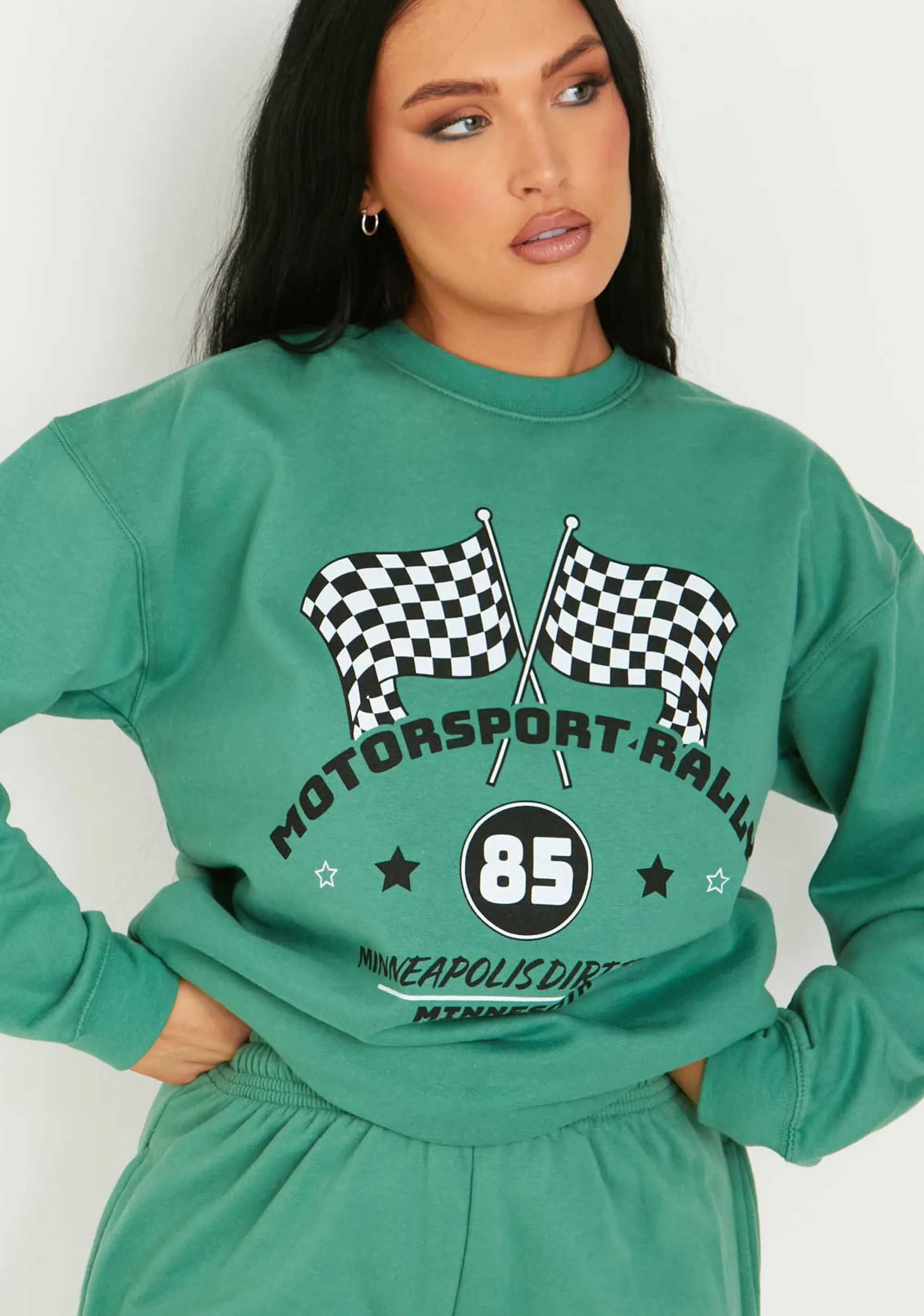 Missy Empire Leonie Washed Green Motocross Printed Sweatshirt^Women Tracksuits