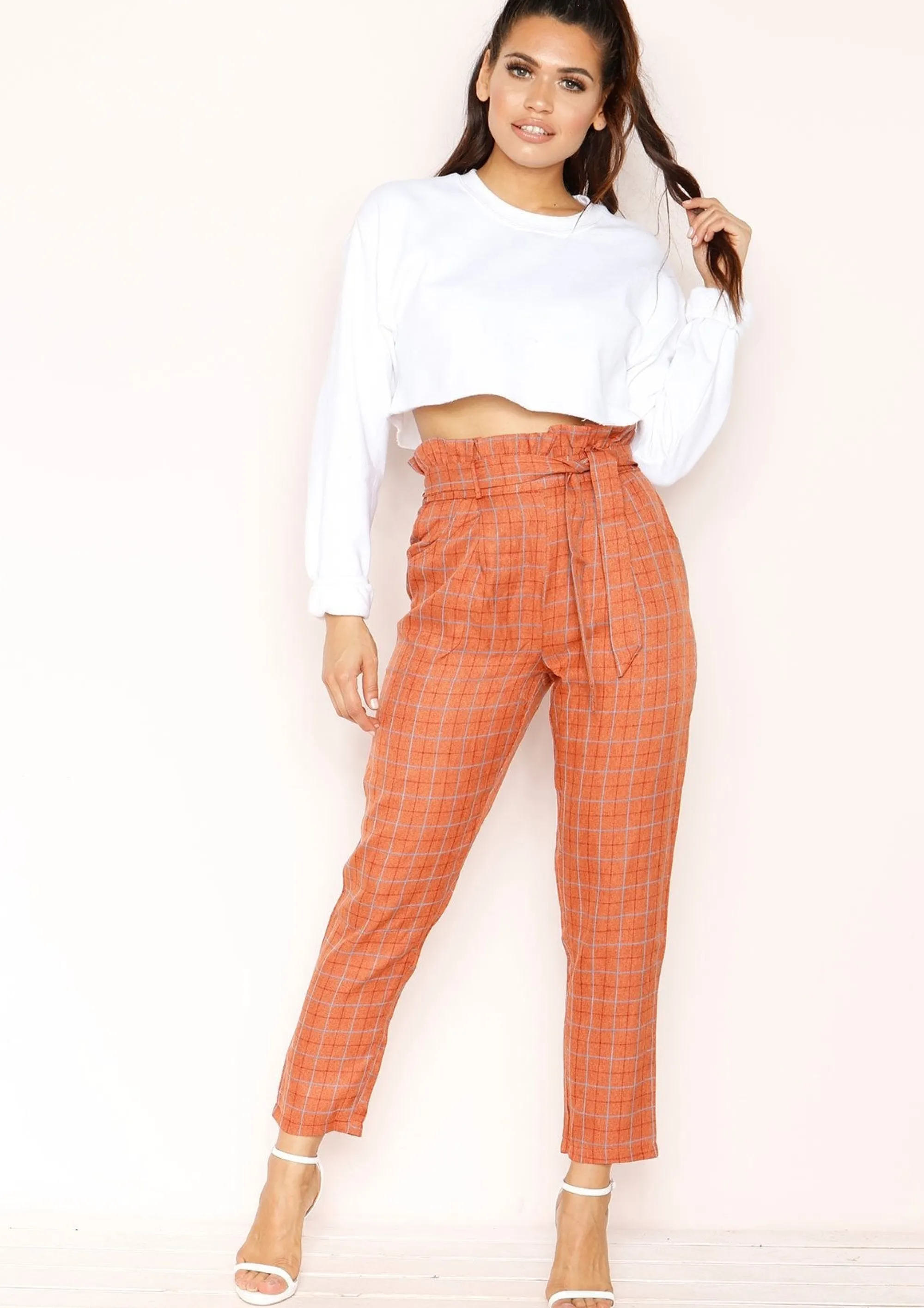 Missy Empire Lesley Rust Checked Paperbag Trousers^Women Trousers