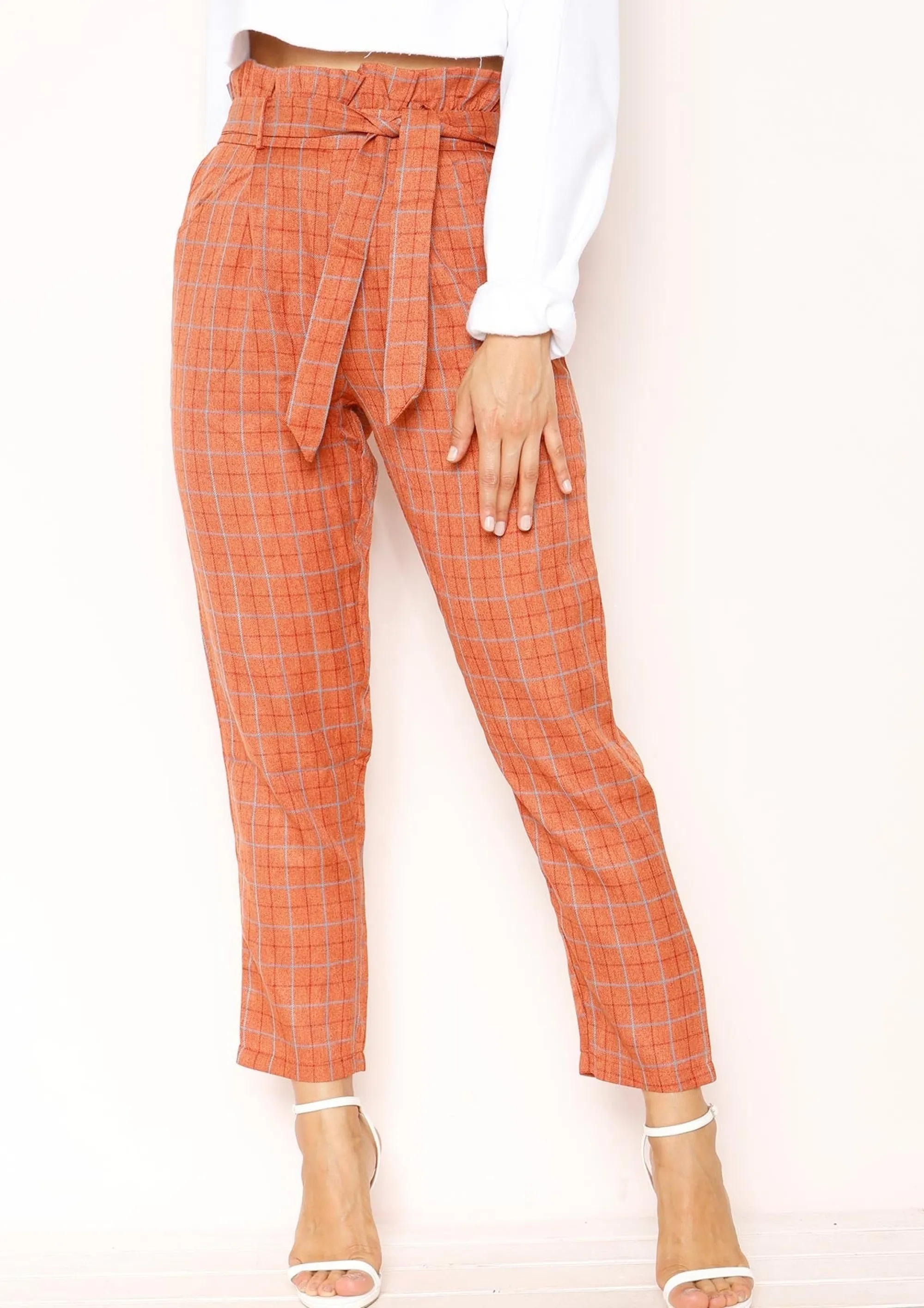 Missy Empire Lesley Rust Checked Paperbag Trousers^Women Trousers