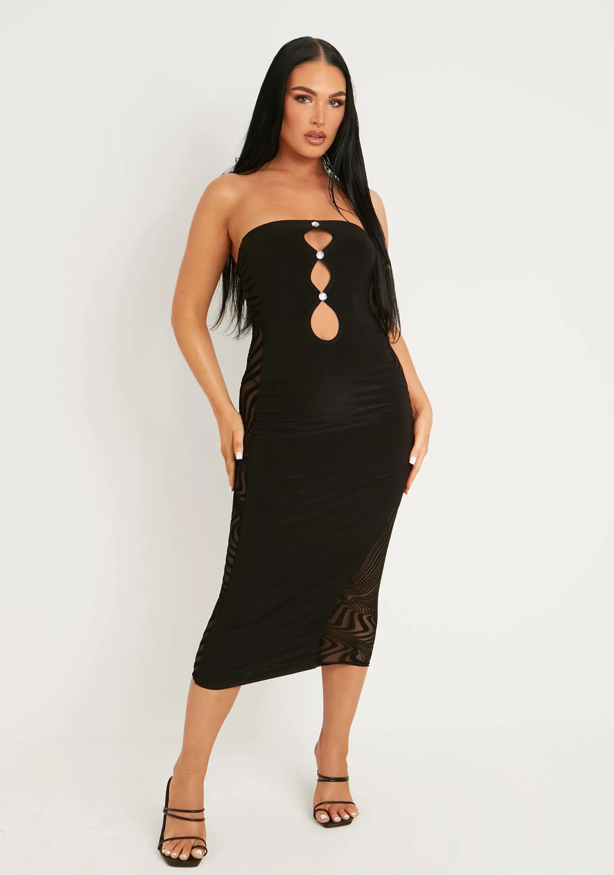 Missy Empire Letitia Black Bandeau Flock Midi Dress^Women Dresses