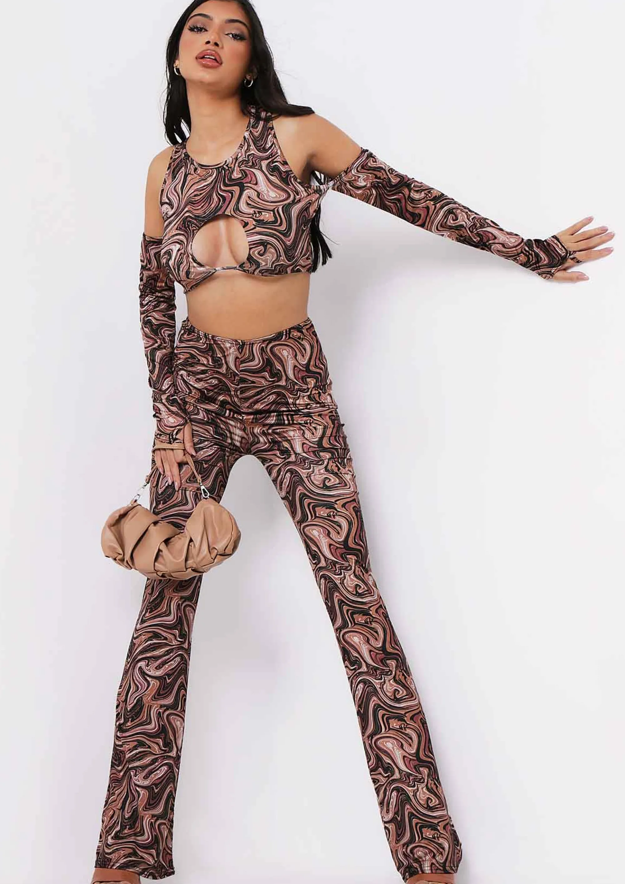 Missy Empire Lianna Brown Print High Waisted Flared Trousers Co-Ord^Women Trousers