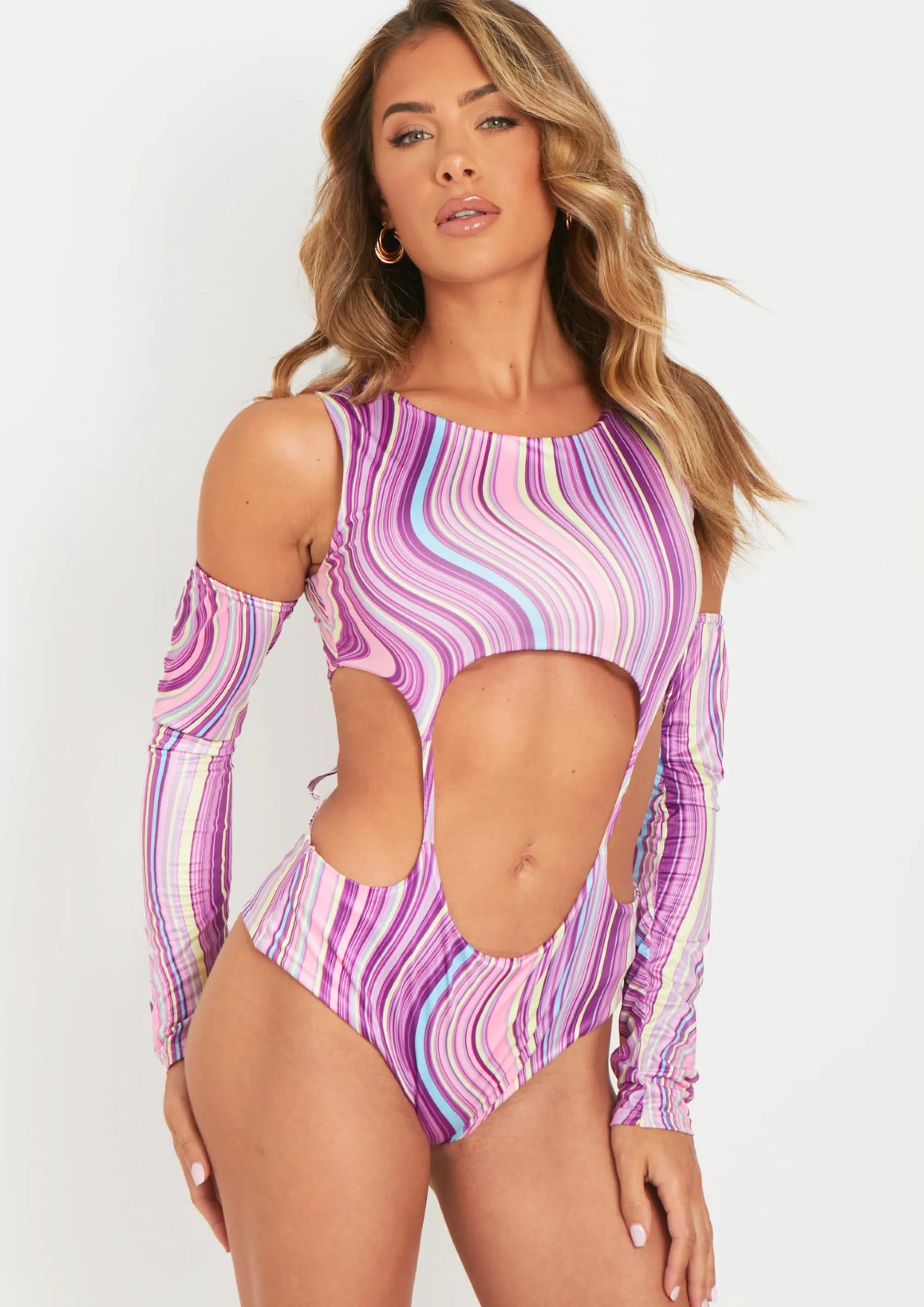 Missy Empire Libby Printed Double Layer Slinky Cut Out Bodysuit With Separate Sleeves Discount