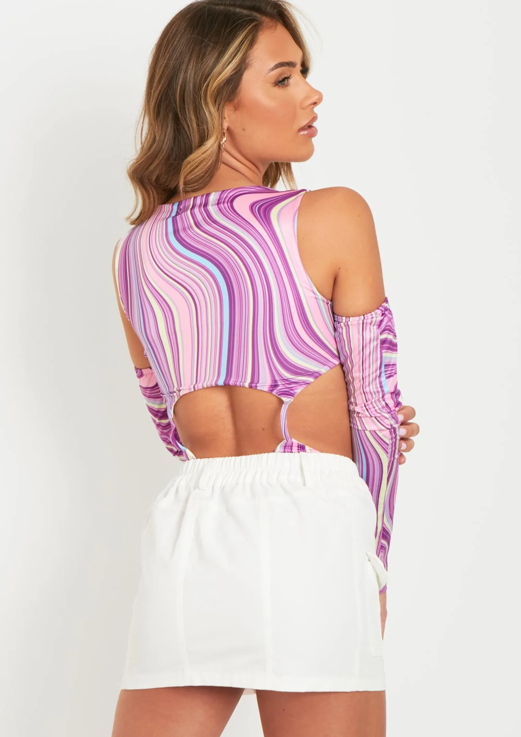 Missy Empire Libby Printed Double Layer Slinky Cut Out Bodysuit With Separate Sleeves Discount